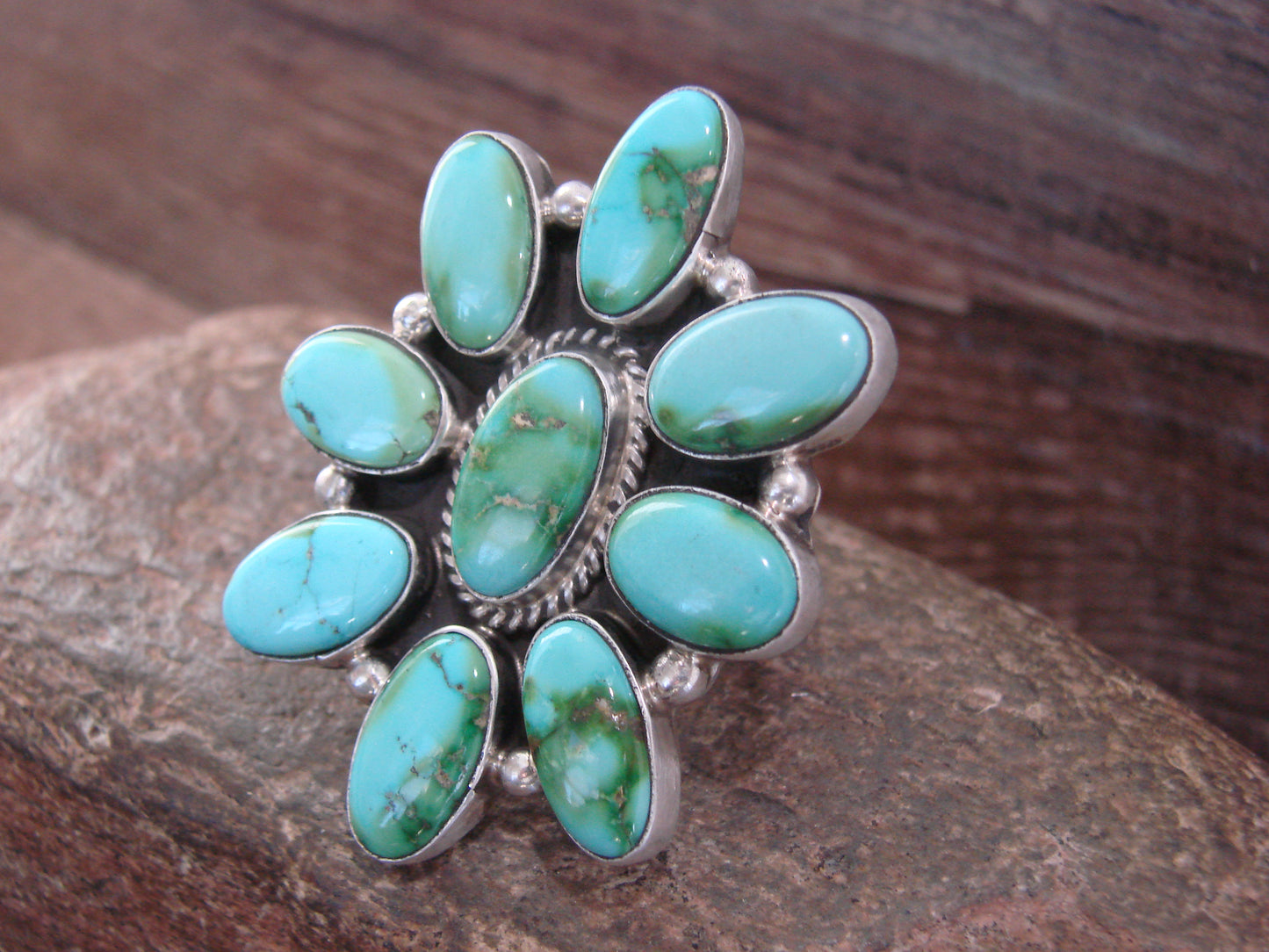 Large Native American Sterling Silver & Turquoise Cluster Ring - Williams - Size 8.5