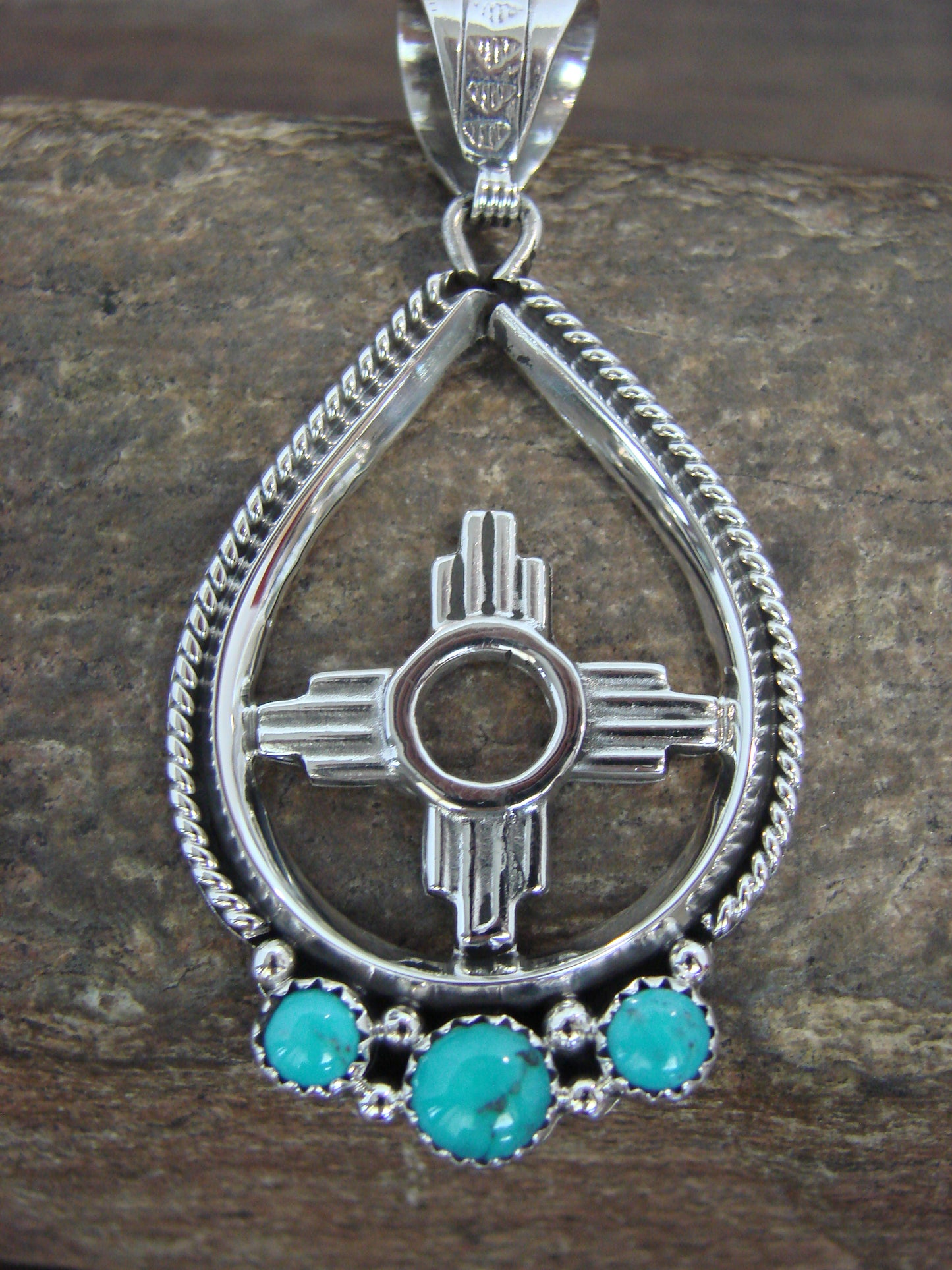 Native American Sterling Silver & Turquoise Zia Pendant Signed Garcia