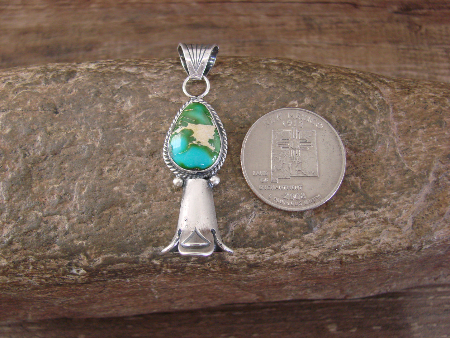 Native American Sterling Silver & Turquoise Squash Blossom Pendant by Betone