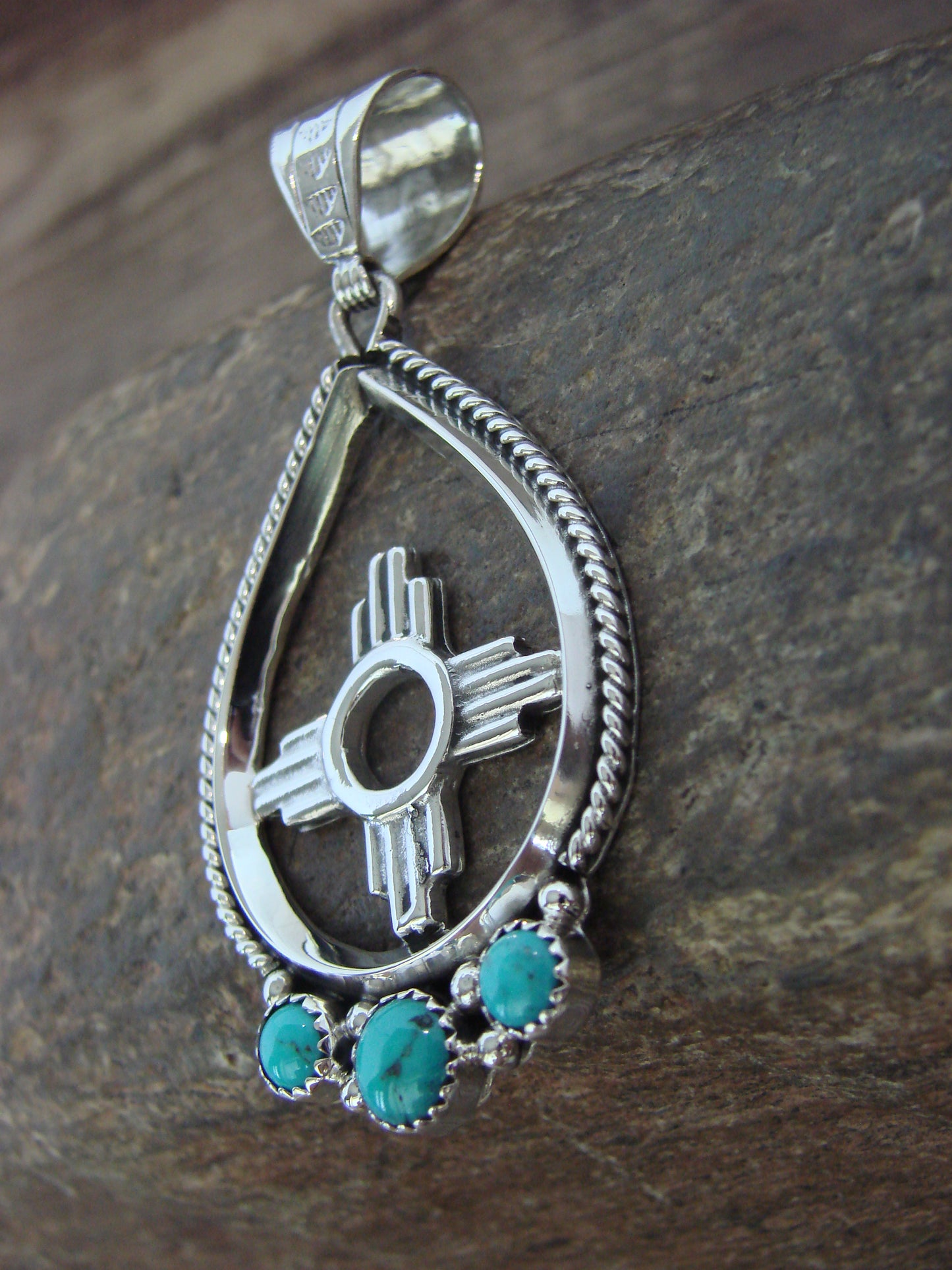 Native American Sterling Silver & Turquoise Zia Pendant Signed Garcia