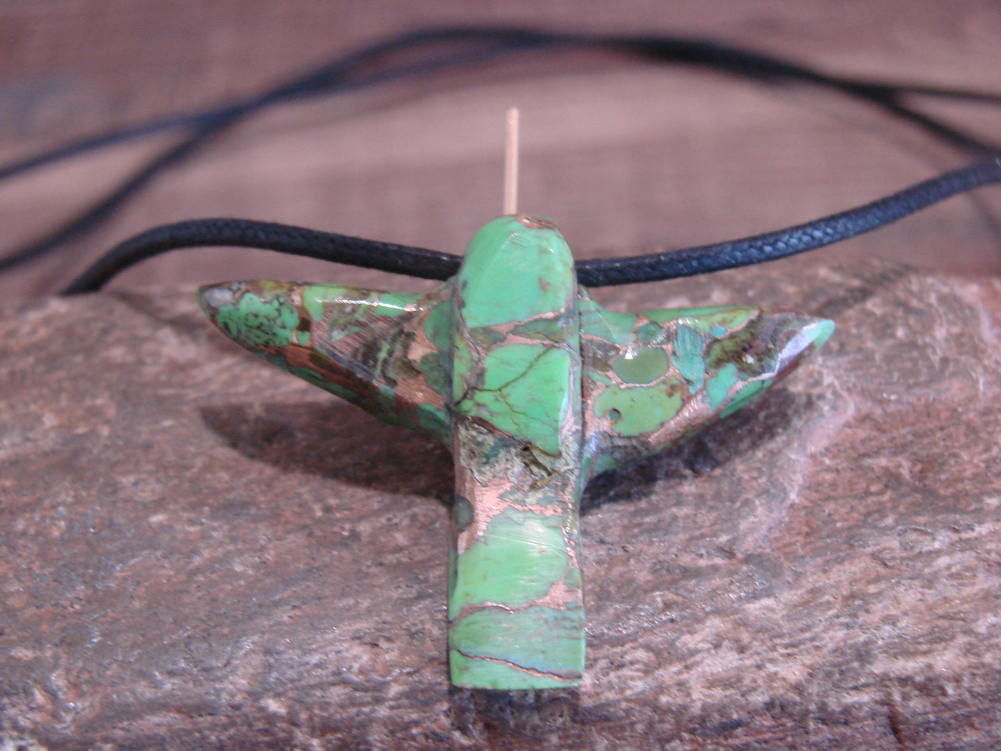 Hand Carved Bronze Gaspeite Aggregate Hummingbird Fetish Necklace - Mitchell