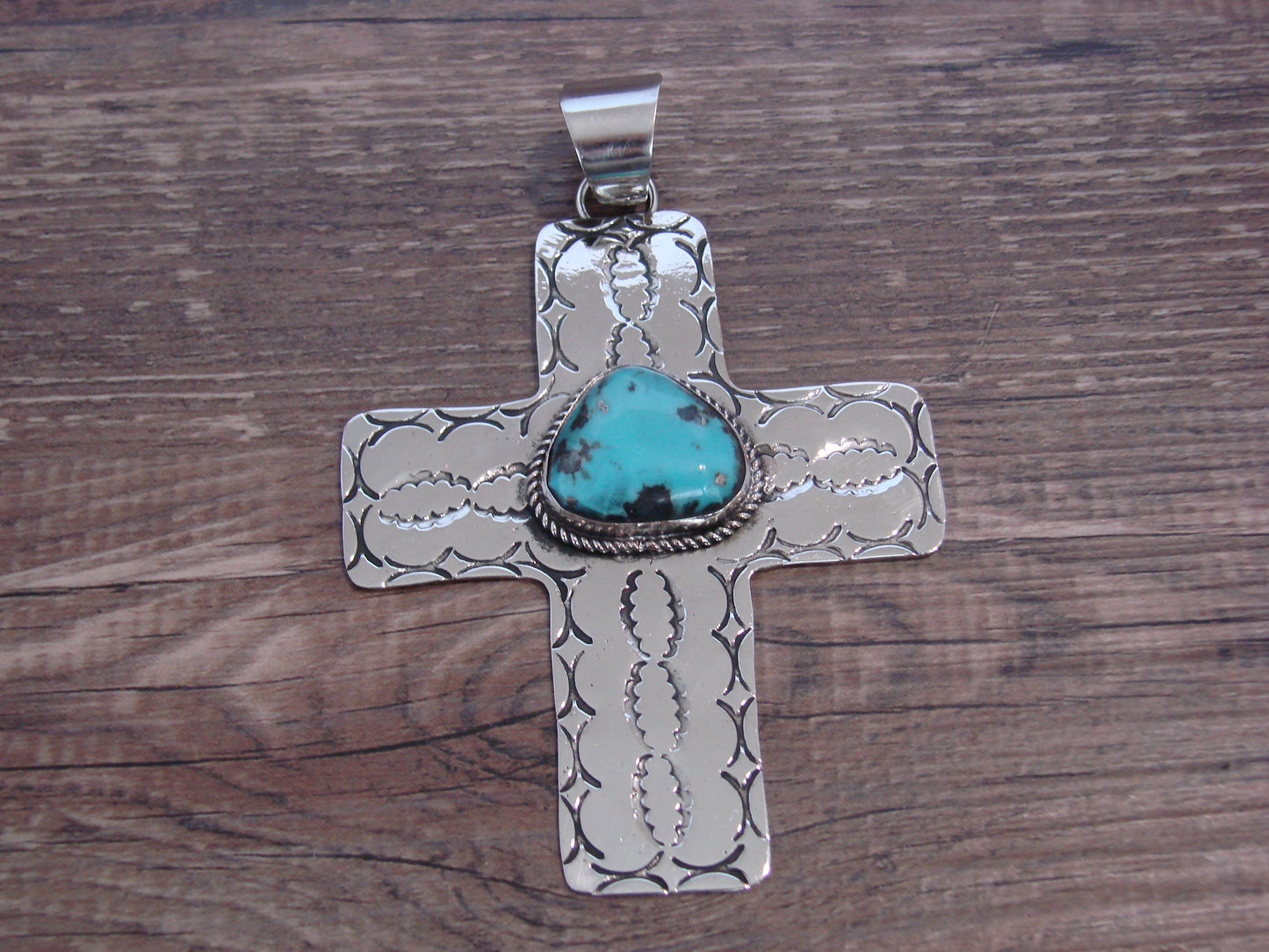 Large Native American Nickel Silver & Turquoise Cross Pendant - Cleveland