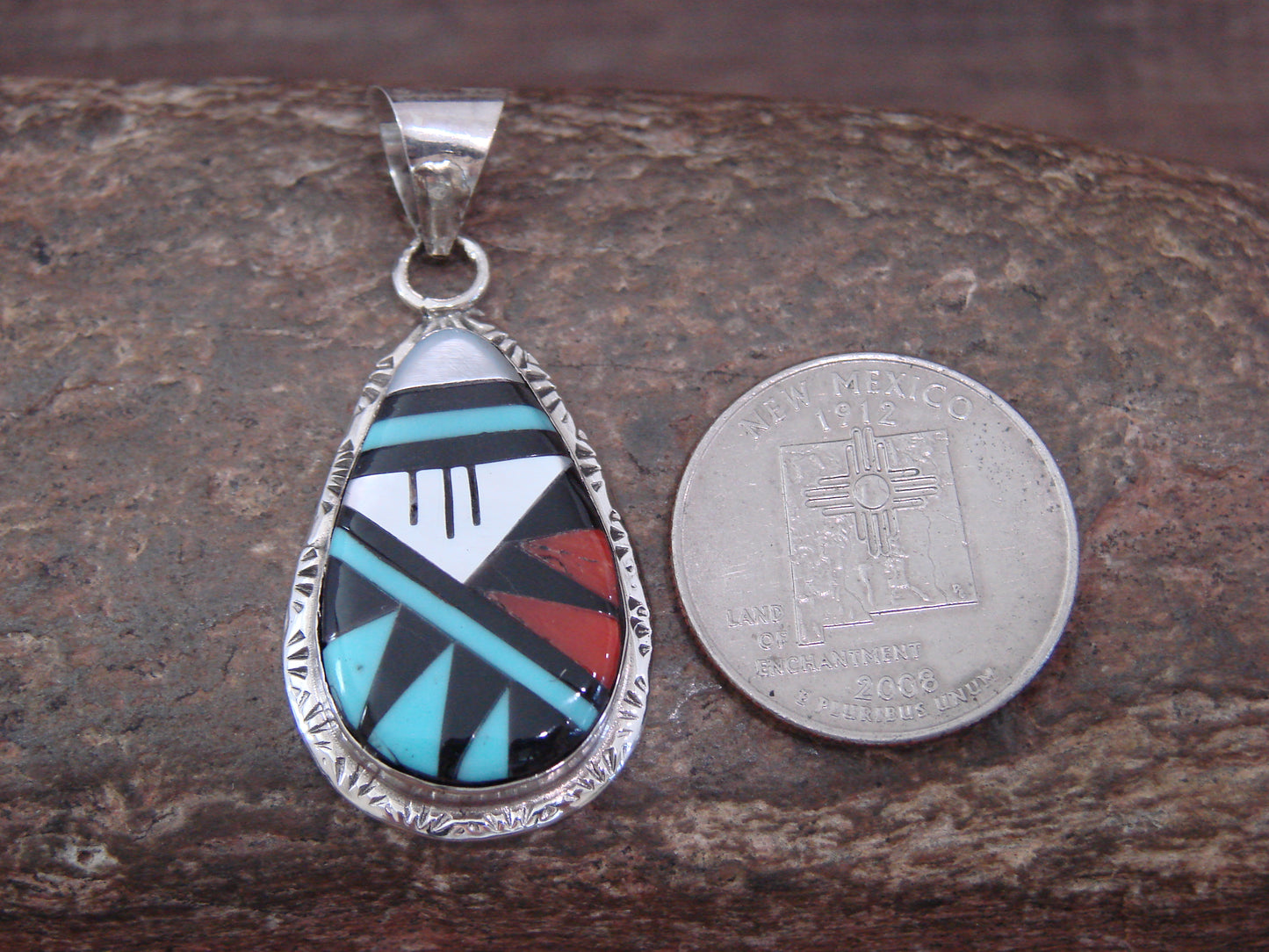 Native American Sterling Silver & Turquoise Inlay Pendant by Lamy