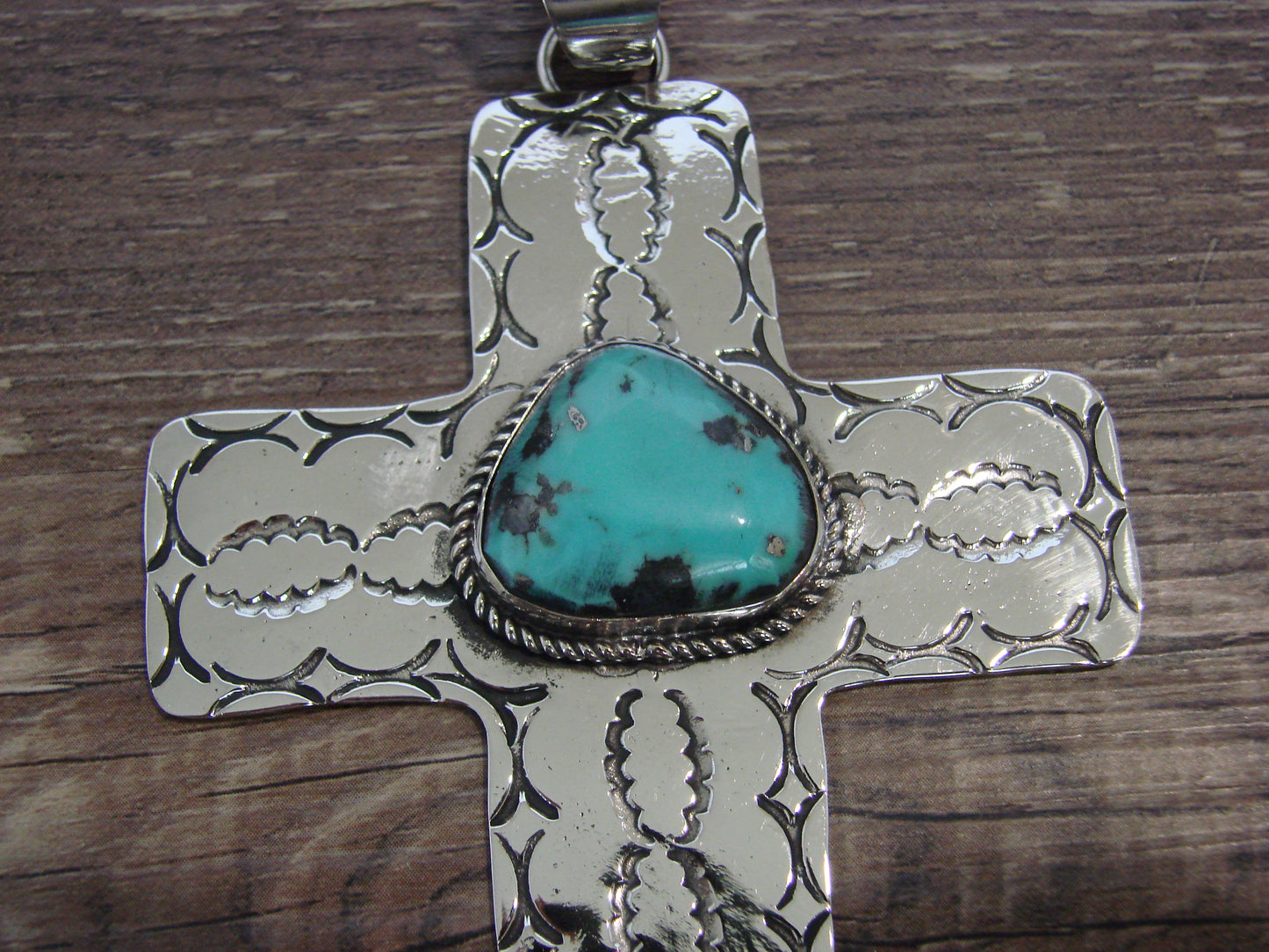 Large Native American Nickel Silver & Turquoise Cross Pendant - Cleveland