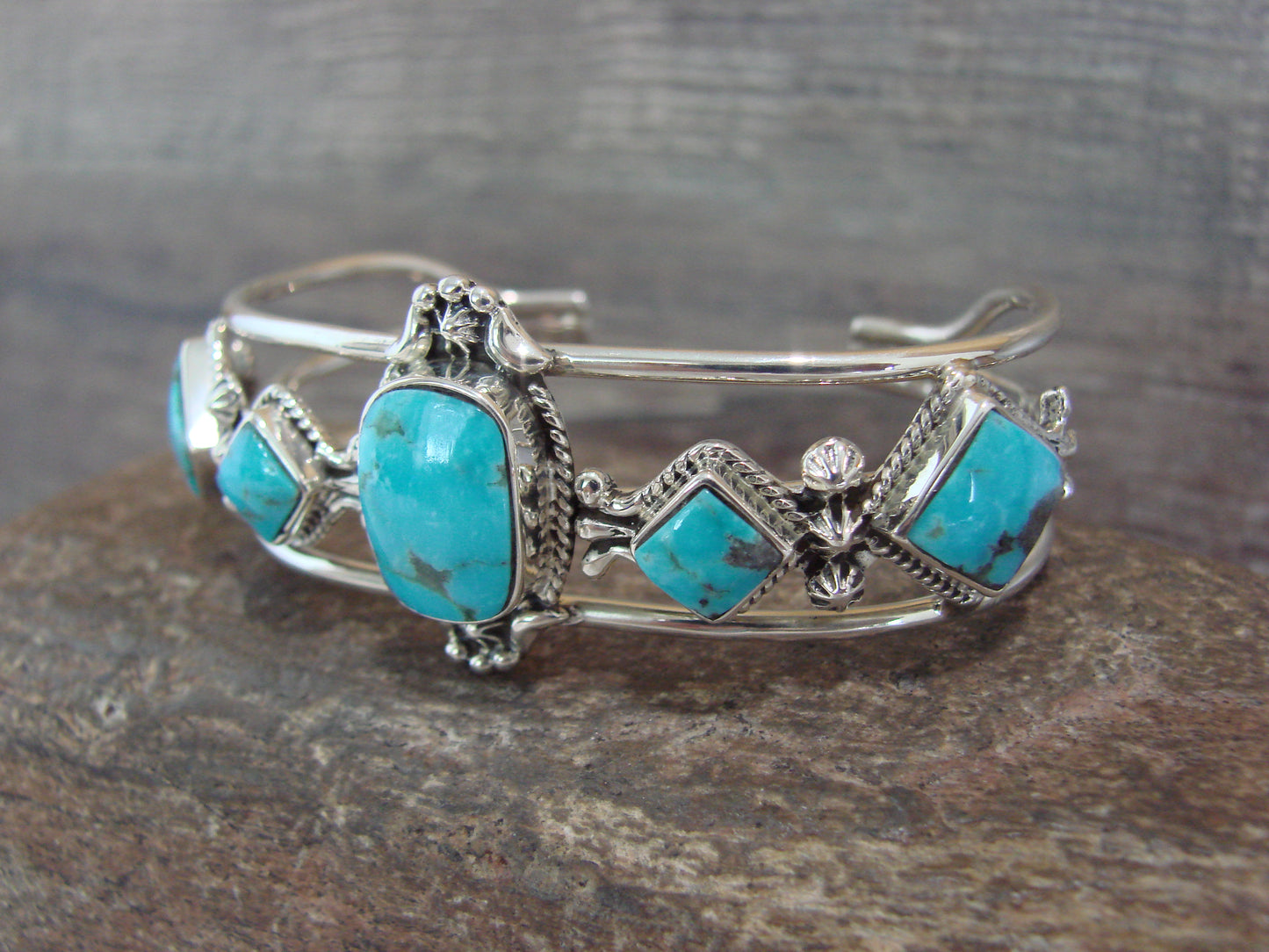 Native American Sterling Silver & Turquoise Row Bracelet by Smith