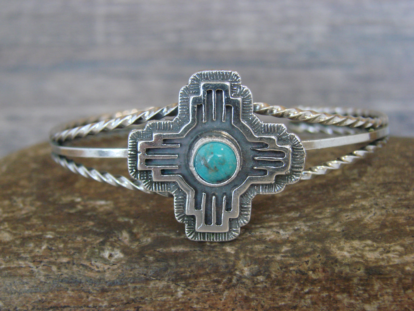 Native American Sterling Silver & Turquoise Zia Bracelet by Gordon