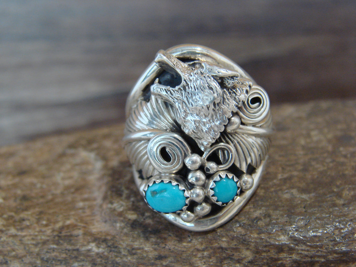 Native American Sterling Silver & Turquoise Wolf Ring - Morgan - Size 9.5