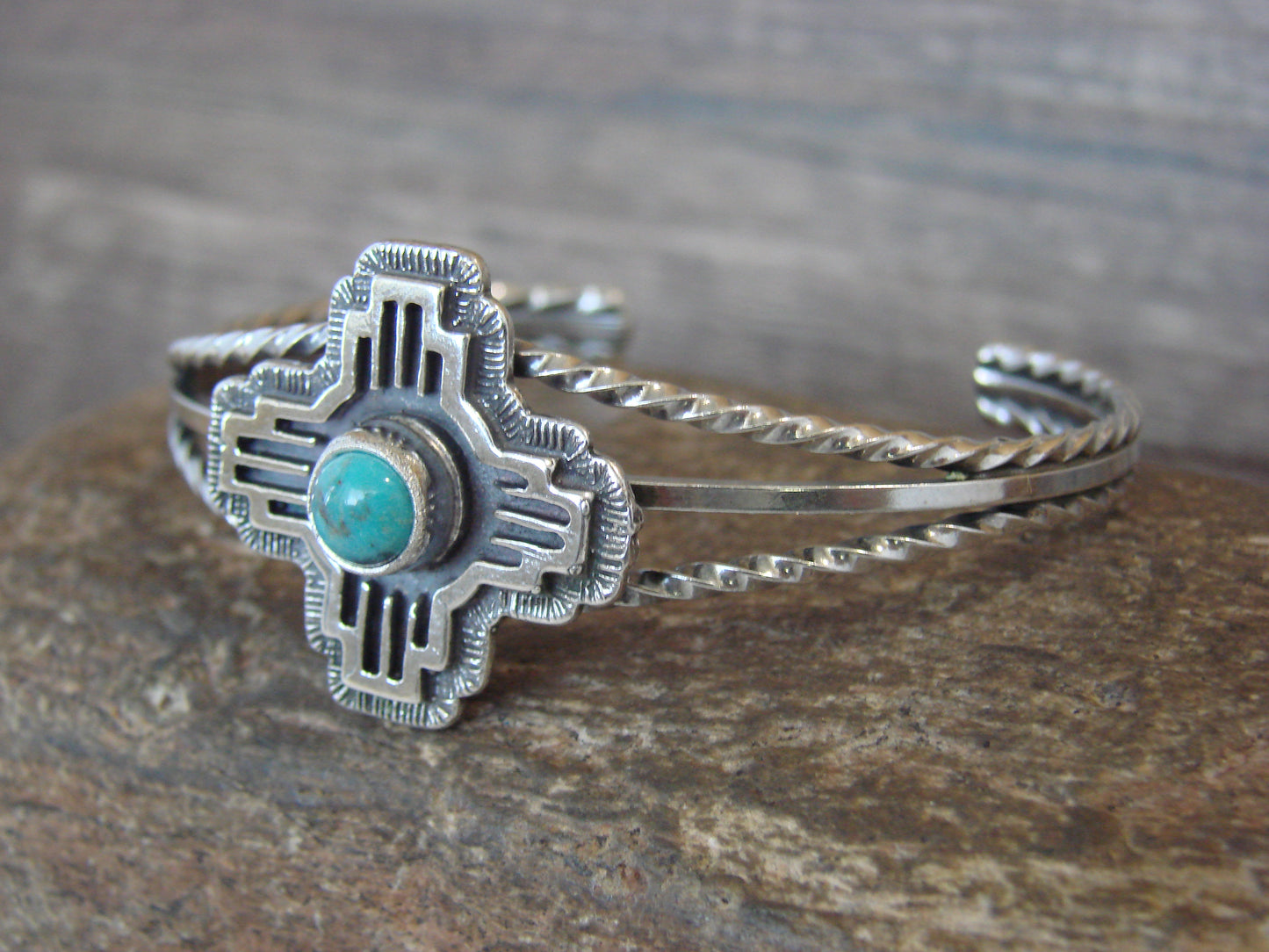 Native American Sterling Silver & Turquoise Zia Bracelet by Gordon