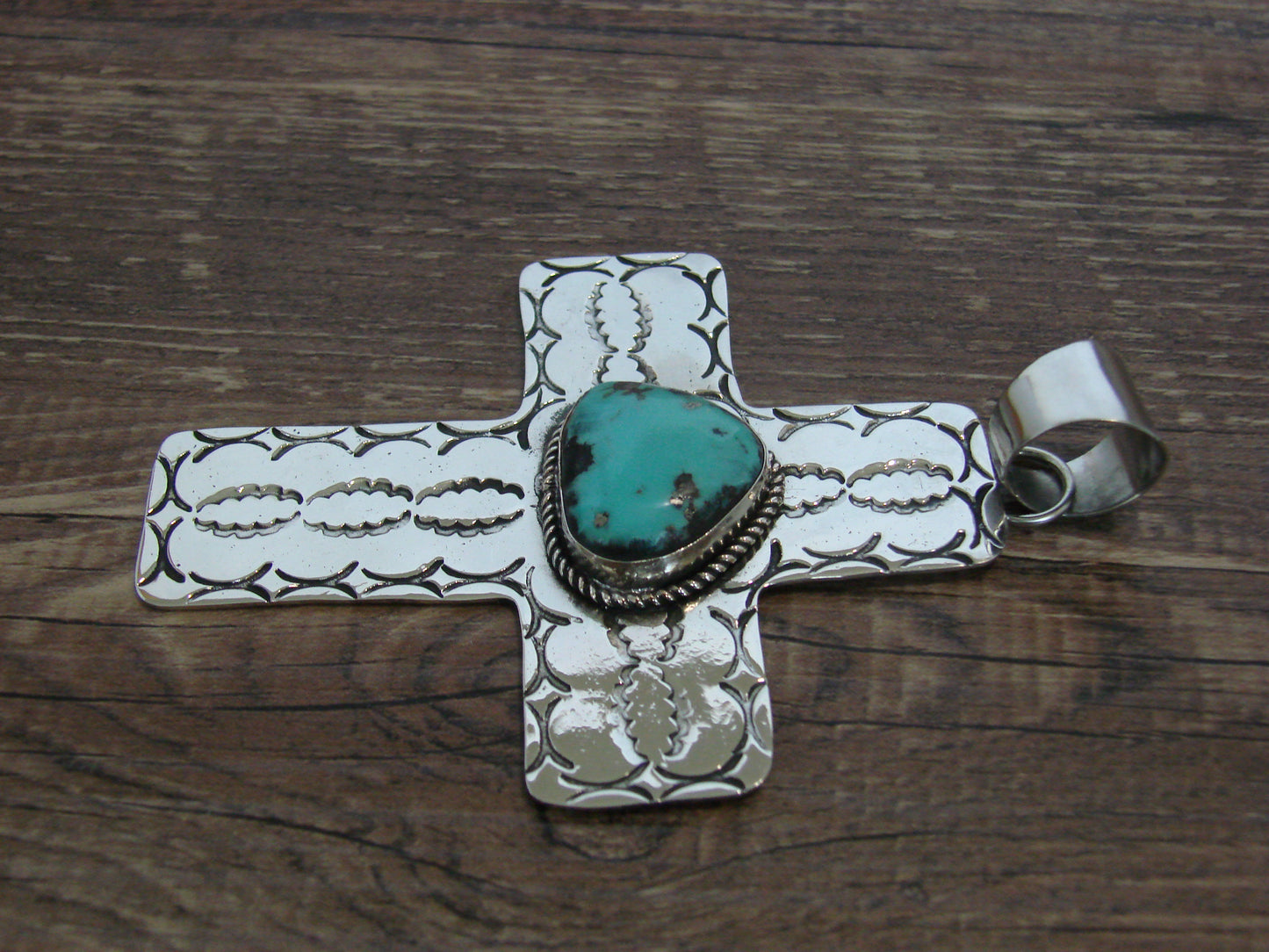 Large Native American Nickel Silver & Turquoise Cross Pendant - Cleveland