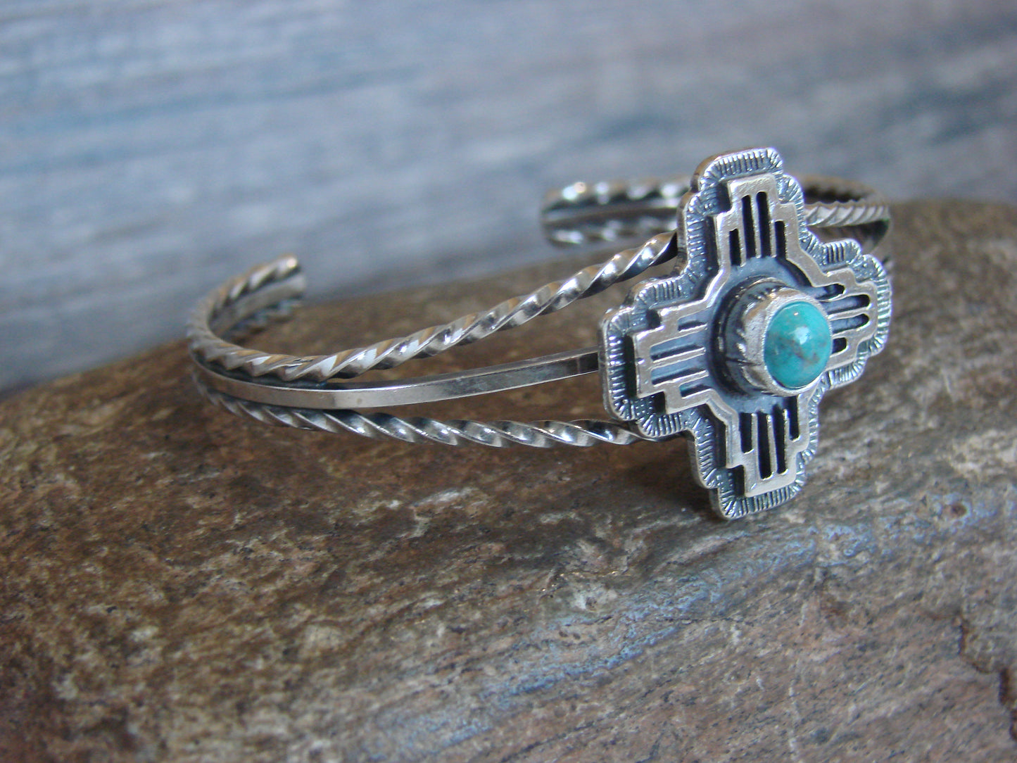 Native American Sterling Silver & Turquoise Zia Bracelet by Gordon