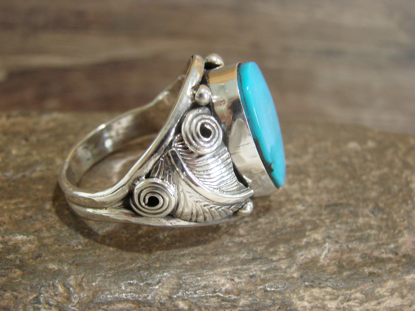 Native American Sterling Silver & Turquoise Ring - Morgan - Size 13.5