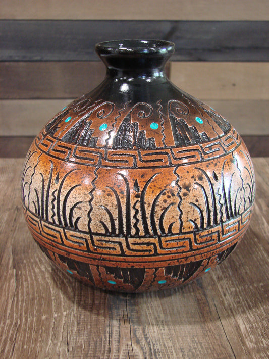 Native American Hand Etched Pottery Signed Dewayne Eskeets