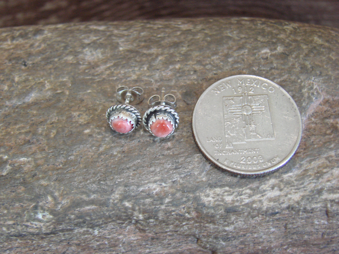 Navajo Indian Sterling Silver 1/4" Round Spiny Oyster Post Earrings by White