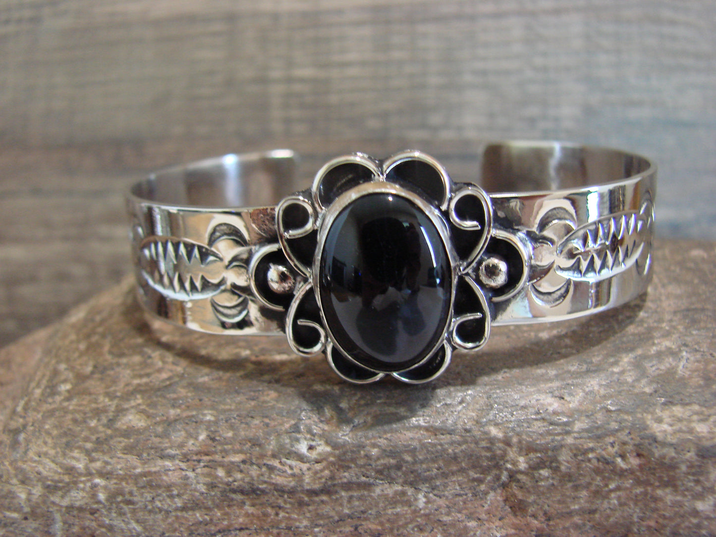 Navajo Indian Nickel Silver & Onyx Bracelet by Cleveland