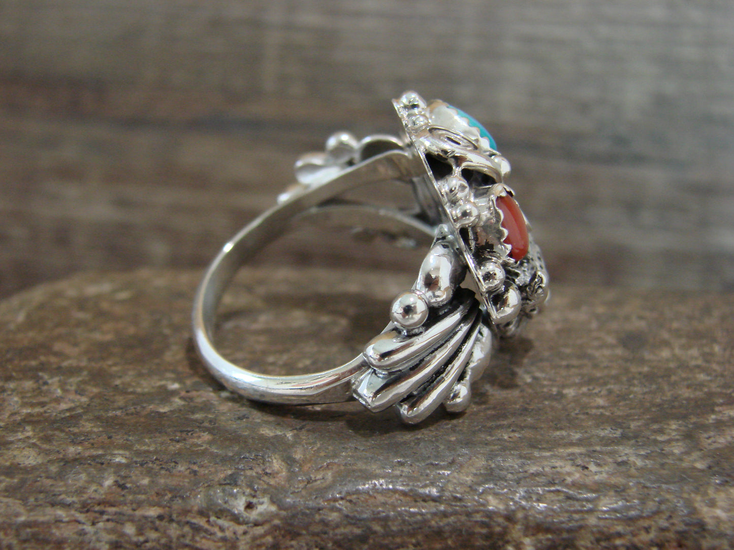 Navajo Sterling Silver Turquoise & Coral Buffalo Ring by Saunders -  Size 13