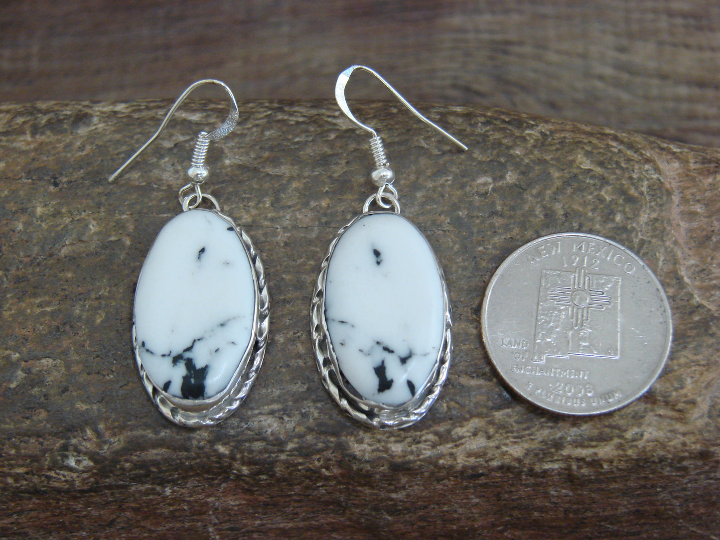 Native American Sterling Silver & White Buffalo Turquoise Dangle Earrings - Mariano
