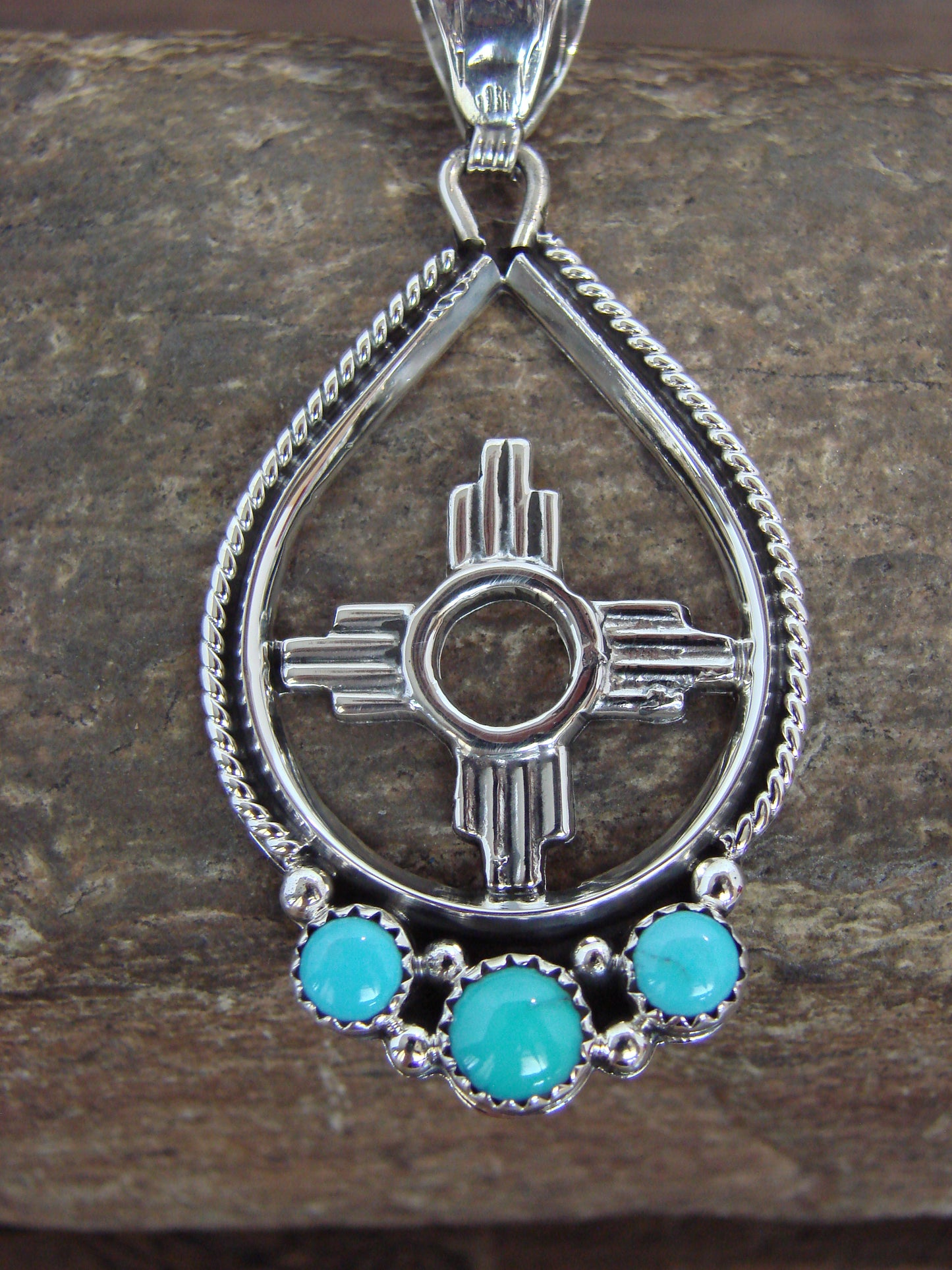 Native American Sterling Silver & Turquoise Zia Pendant Signed Garcia