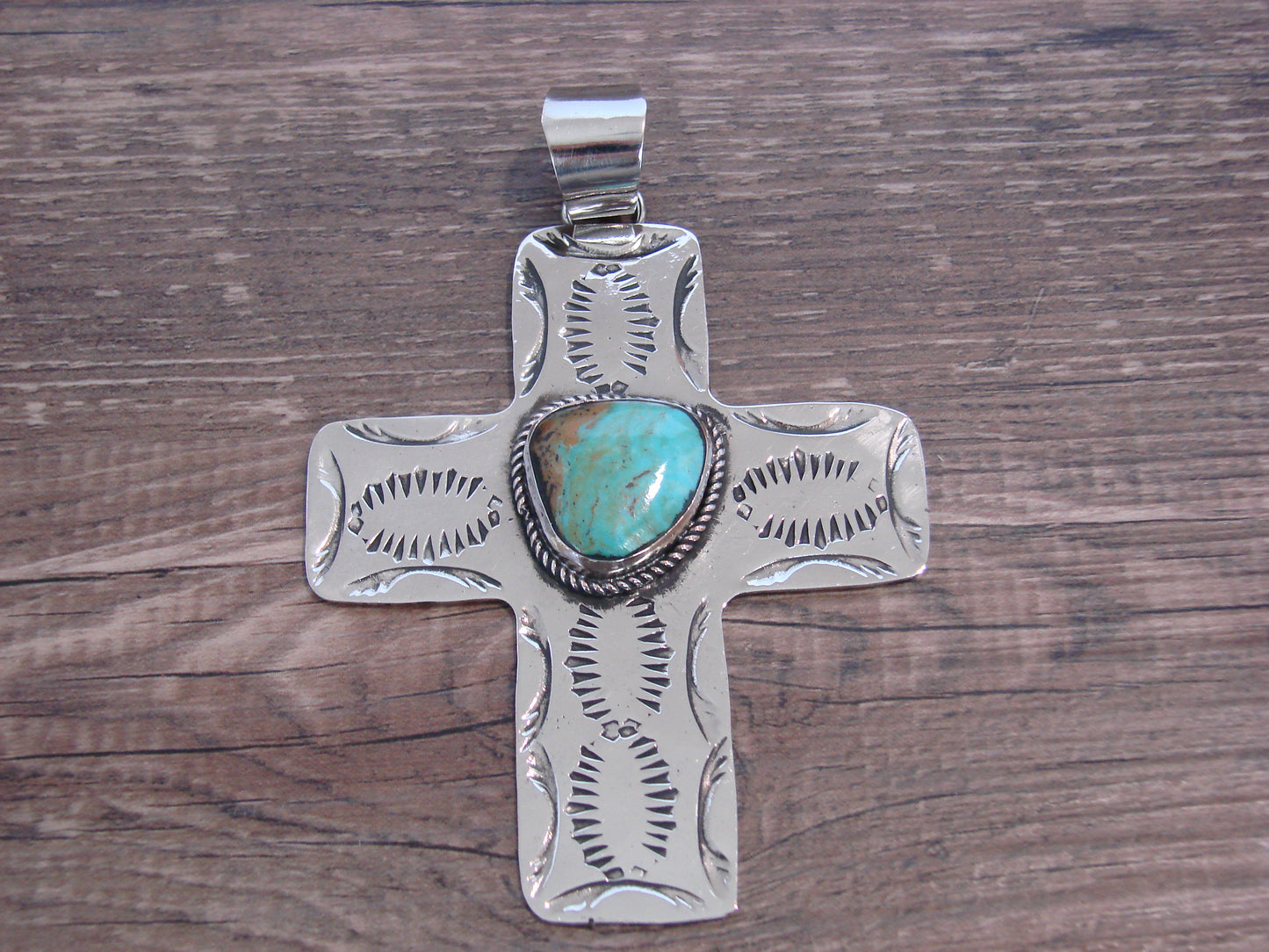 Large Native American Nickel Silver & Turquoise Cross Pendant - Cleveland