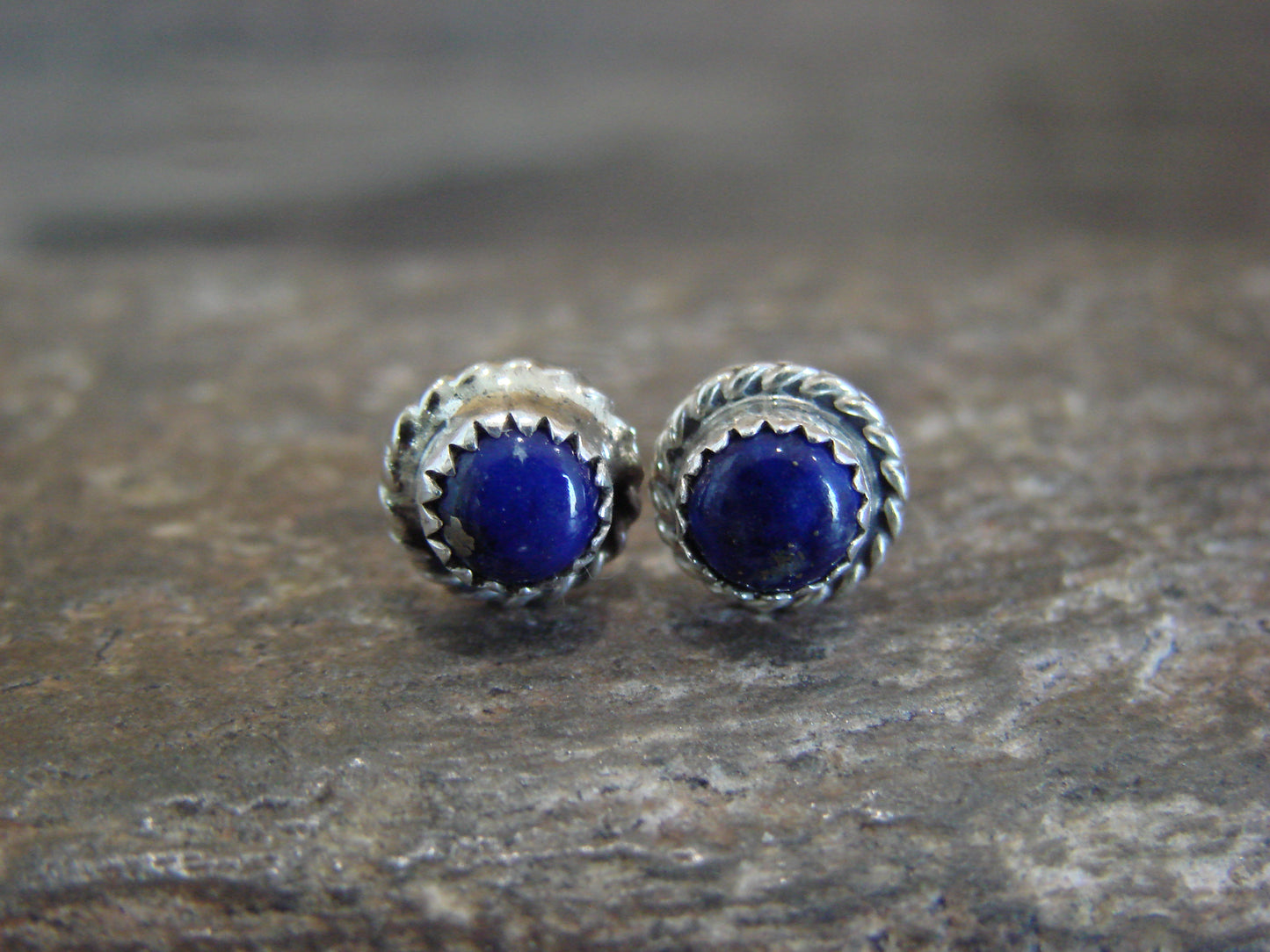 Native American Sterling Silver 1/4" Round Lapis Post Earrings by White