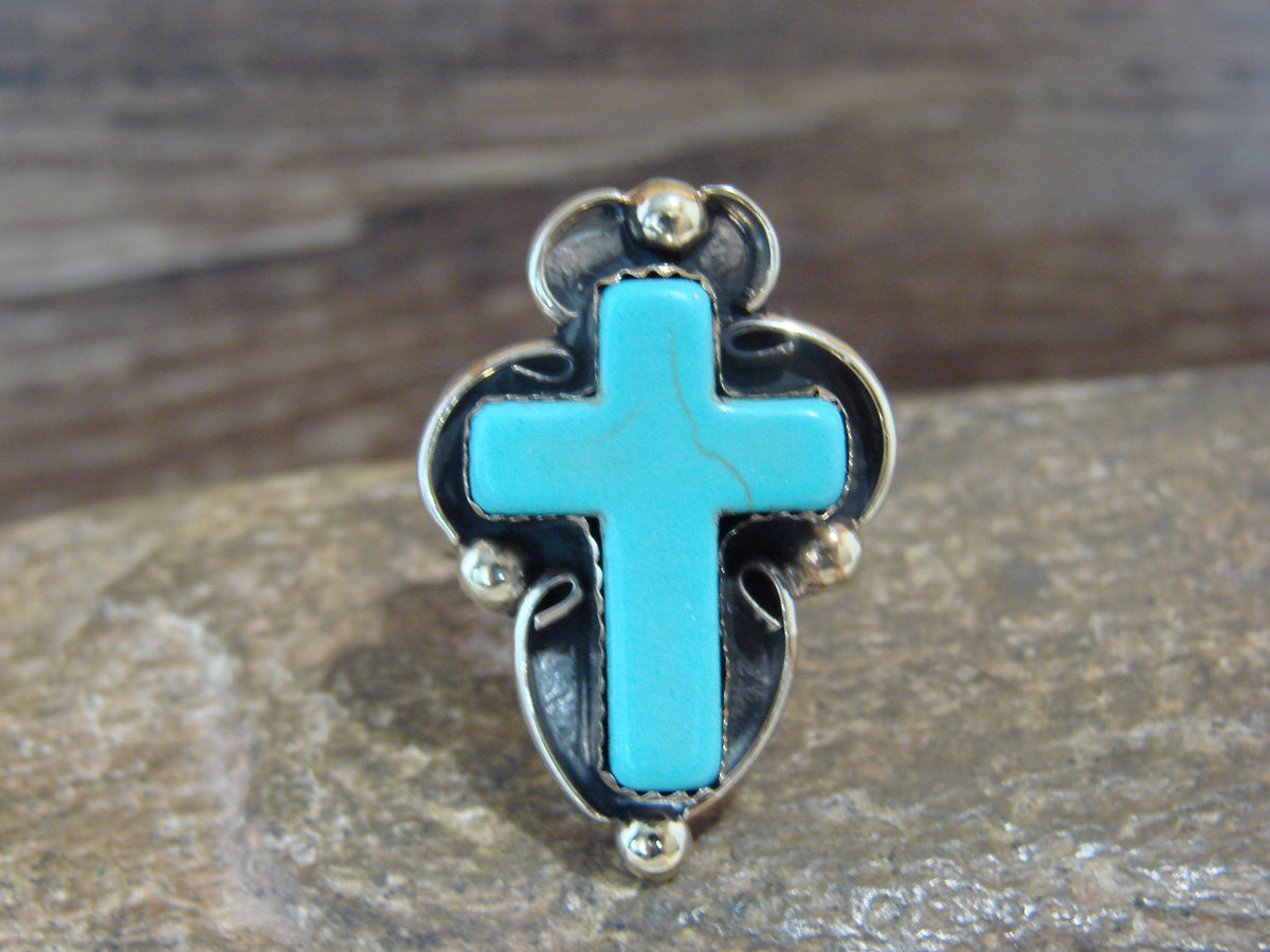 Native American Nickel Silver & Turquoise Cross Ring by Tolta - Size 7