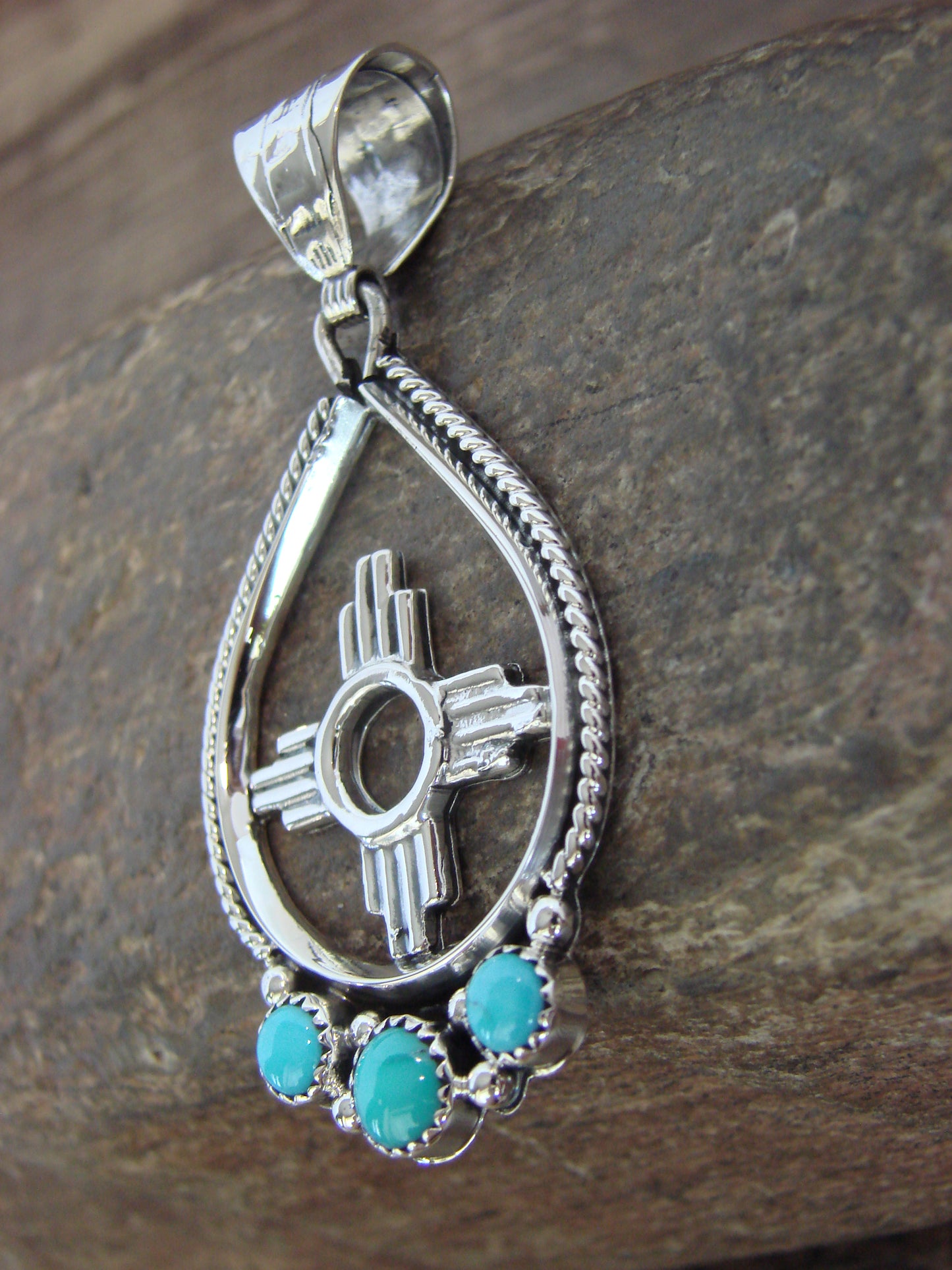 Native American Sterling Silver & Turquoise Zia Pendant Signed Garcia