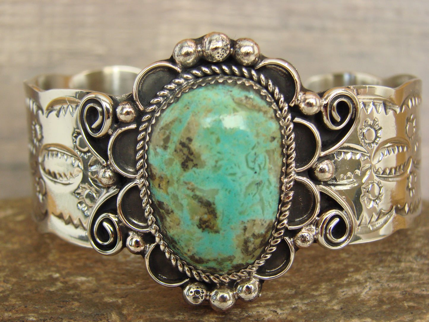 Native American Nickel Silver & Turquoise Bracelet by Cleveland
