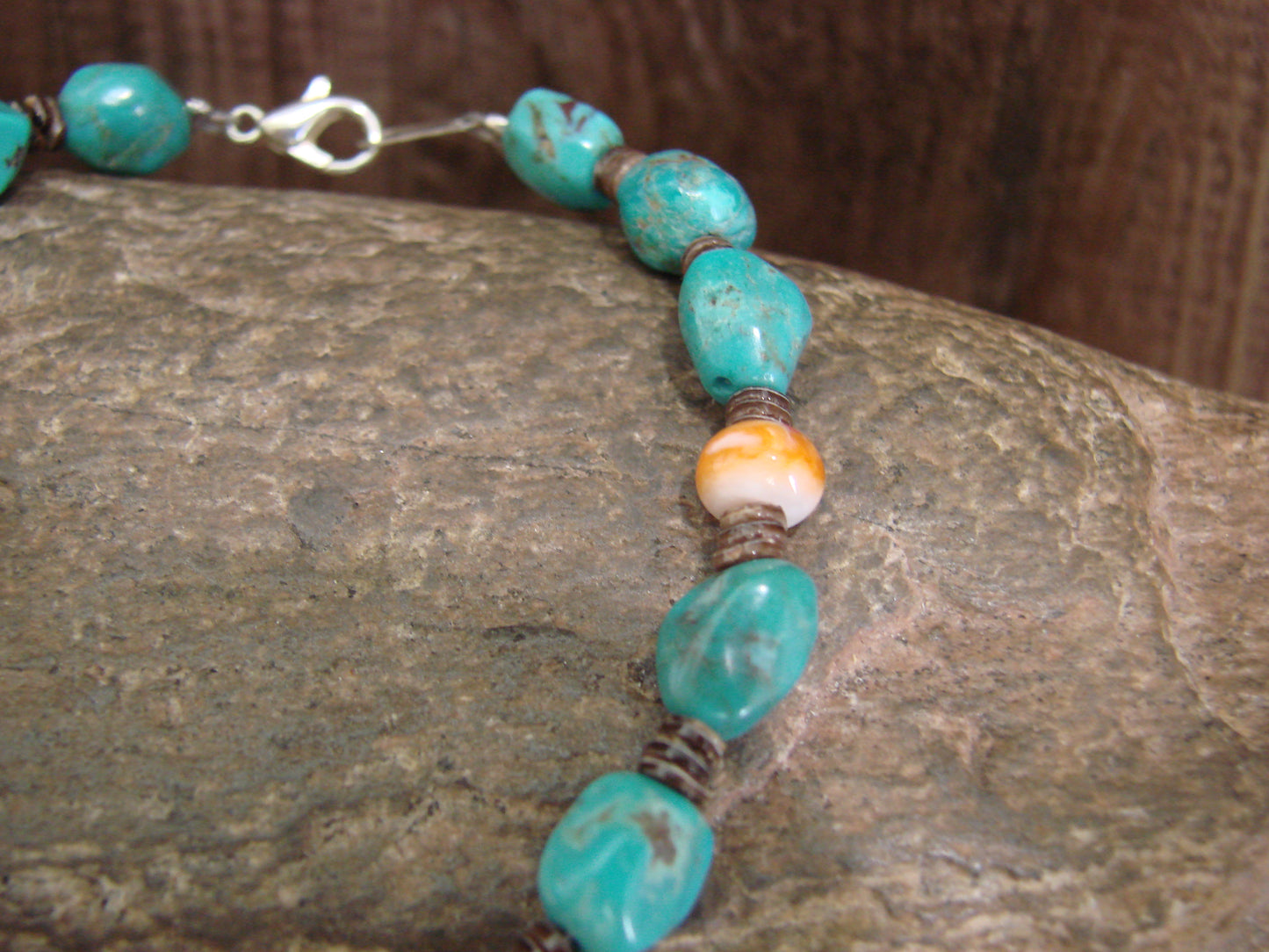 Native American Sterling Silver Turquoise & Spiny Oyster Nugget Stone Bracelet by Coriz