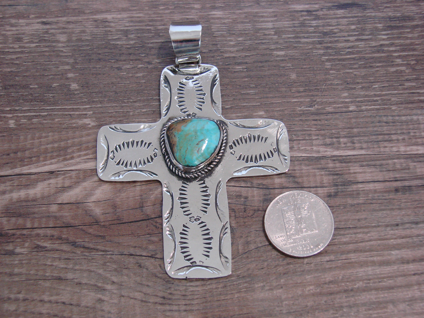 Large Native American Nickel Silver & Turquoise Cross Pendant - Cleveland