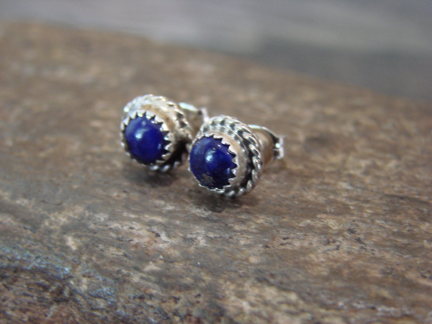 Native American Sterling Silver 1/4" Round Lapis Post Earrings by White