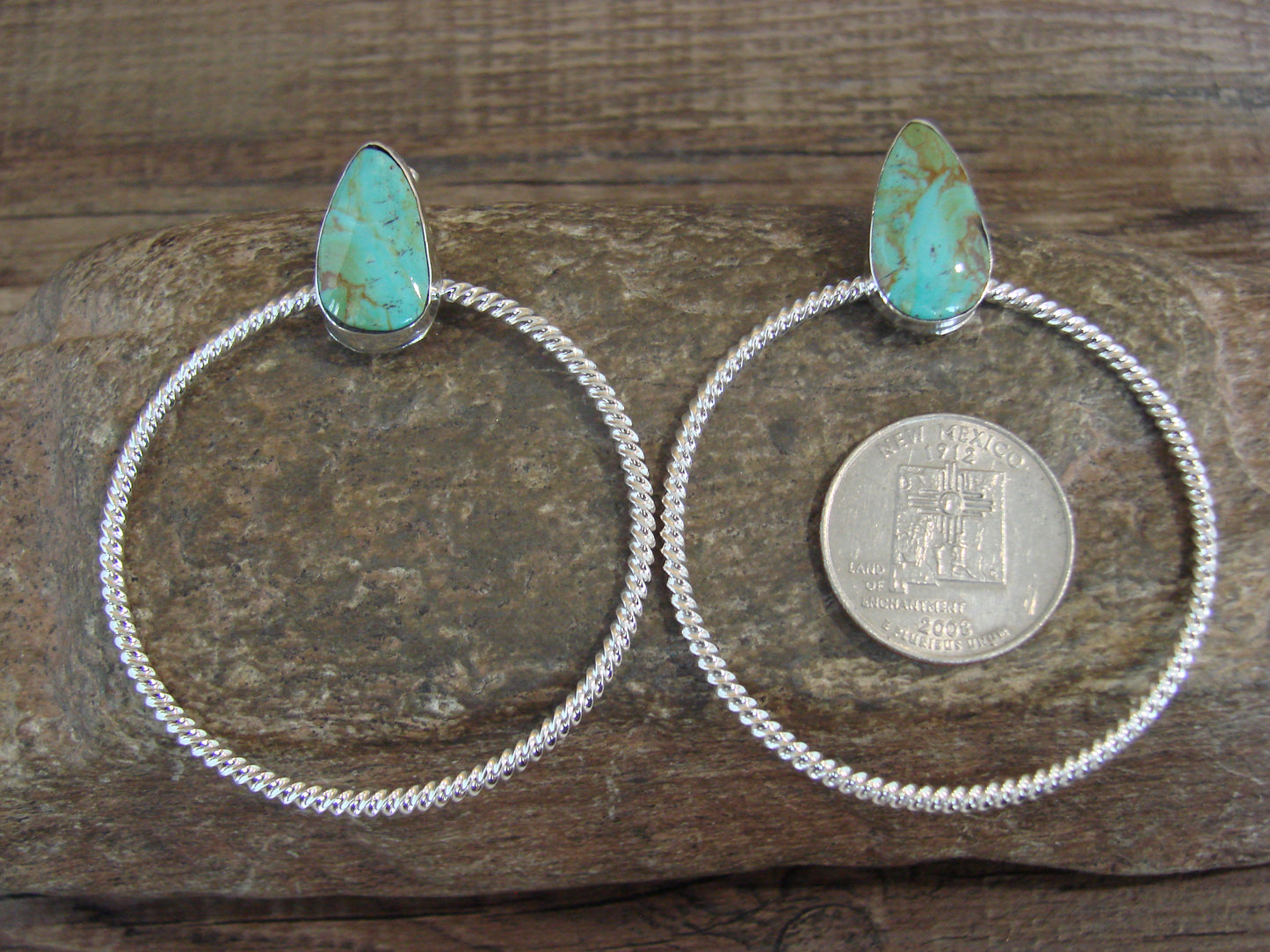 Native American Sterling Silver & Turquoise Hoop Post Earrings - Betone