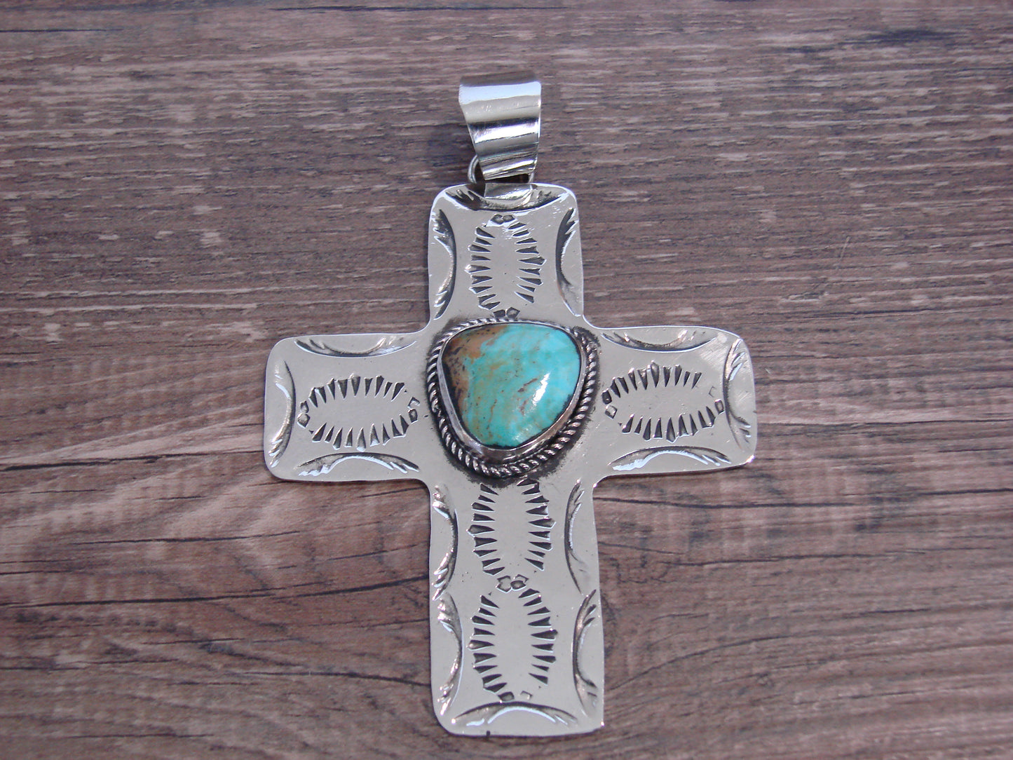 Large Native American Nickel Silver & Turquoise Cross Pendant - Cleveland