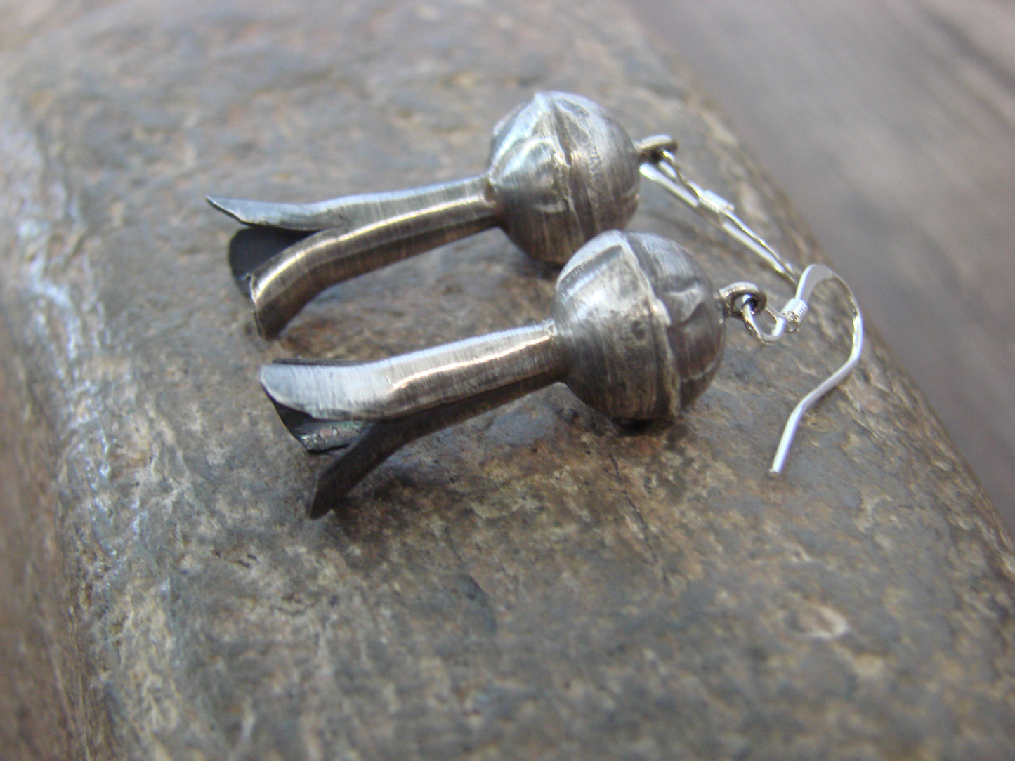 Native American Sterling Silver Squash Blossom Dangle Earrings - Tsosie