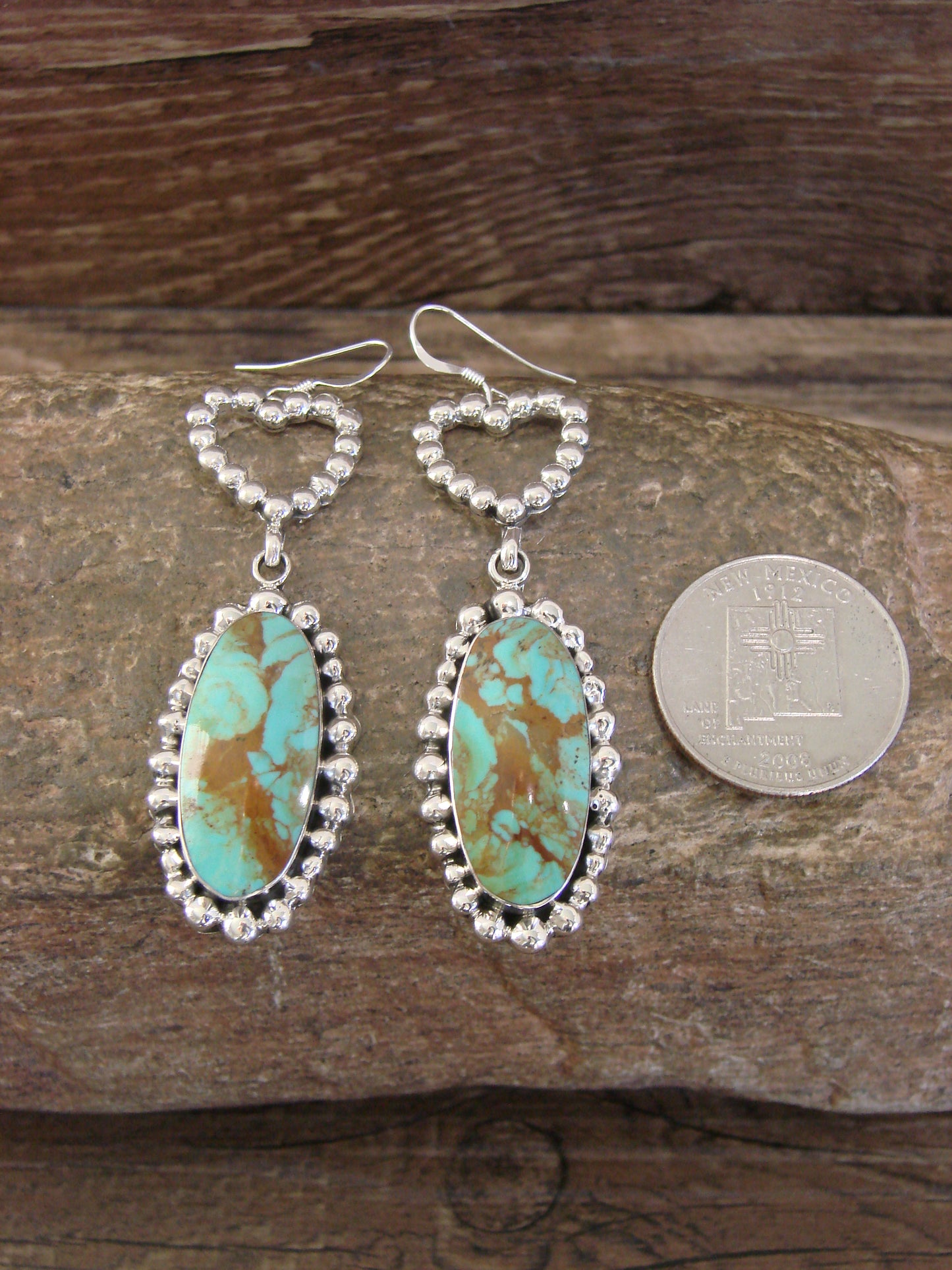 Native American Sterling Silver Turquoise Heart Dangle Earrings by Delgarito