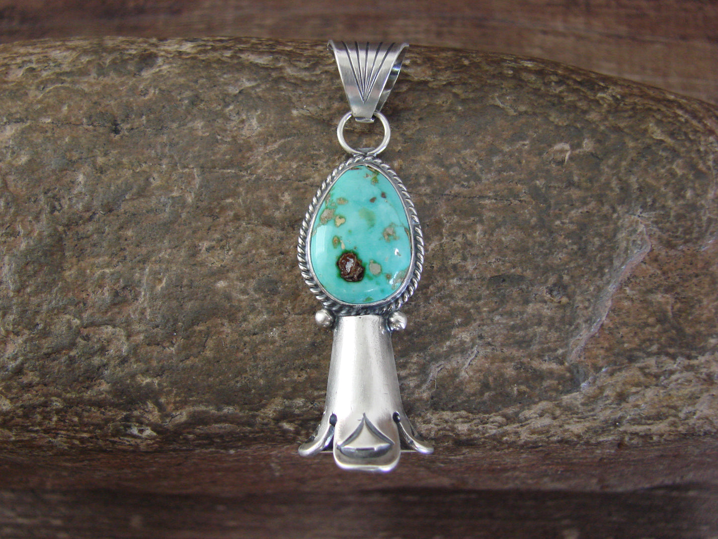 Native American Sterling Silver & Turquoise Squash Blossom Pendant by Betone