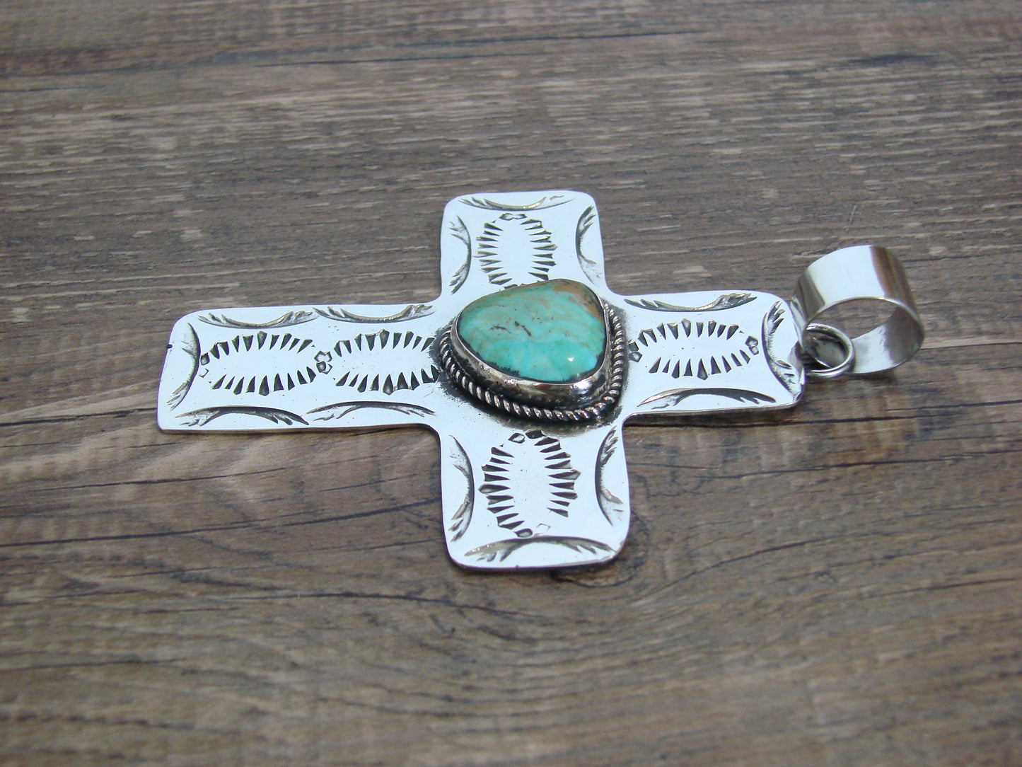 Large Native American Nickel Silver & Turquoise Cross Pendant - Cleveland