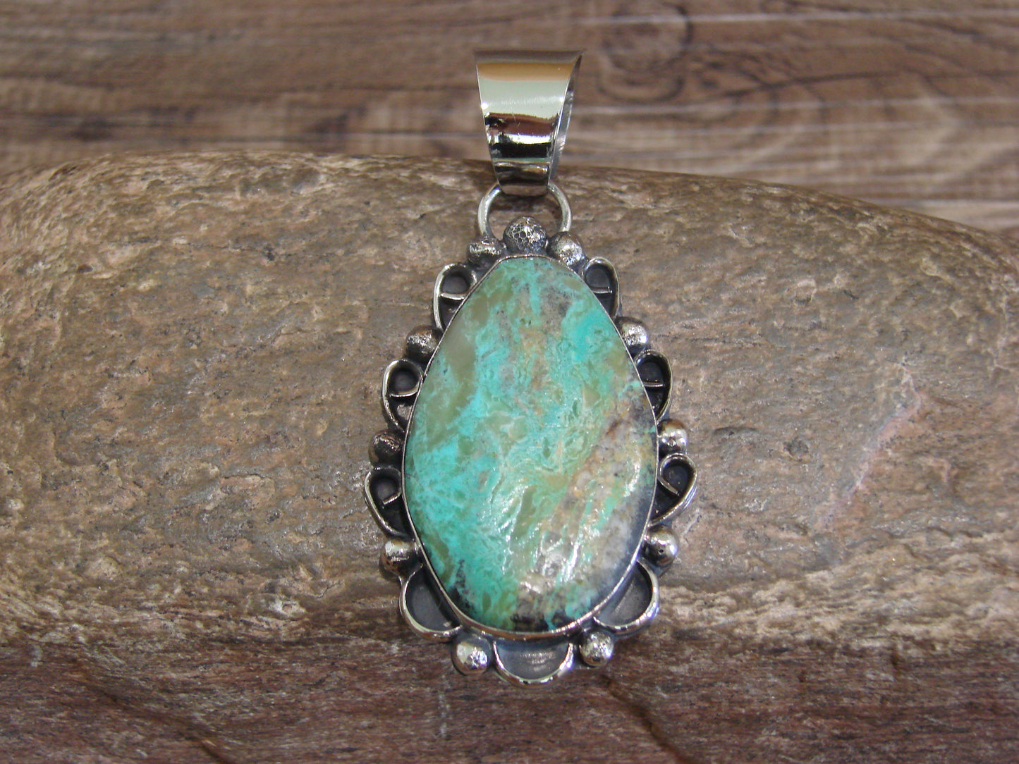 Native American Navajo Nickel Silver & Turquoise Pendant - Cleveland