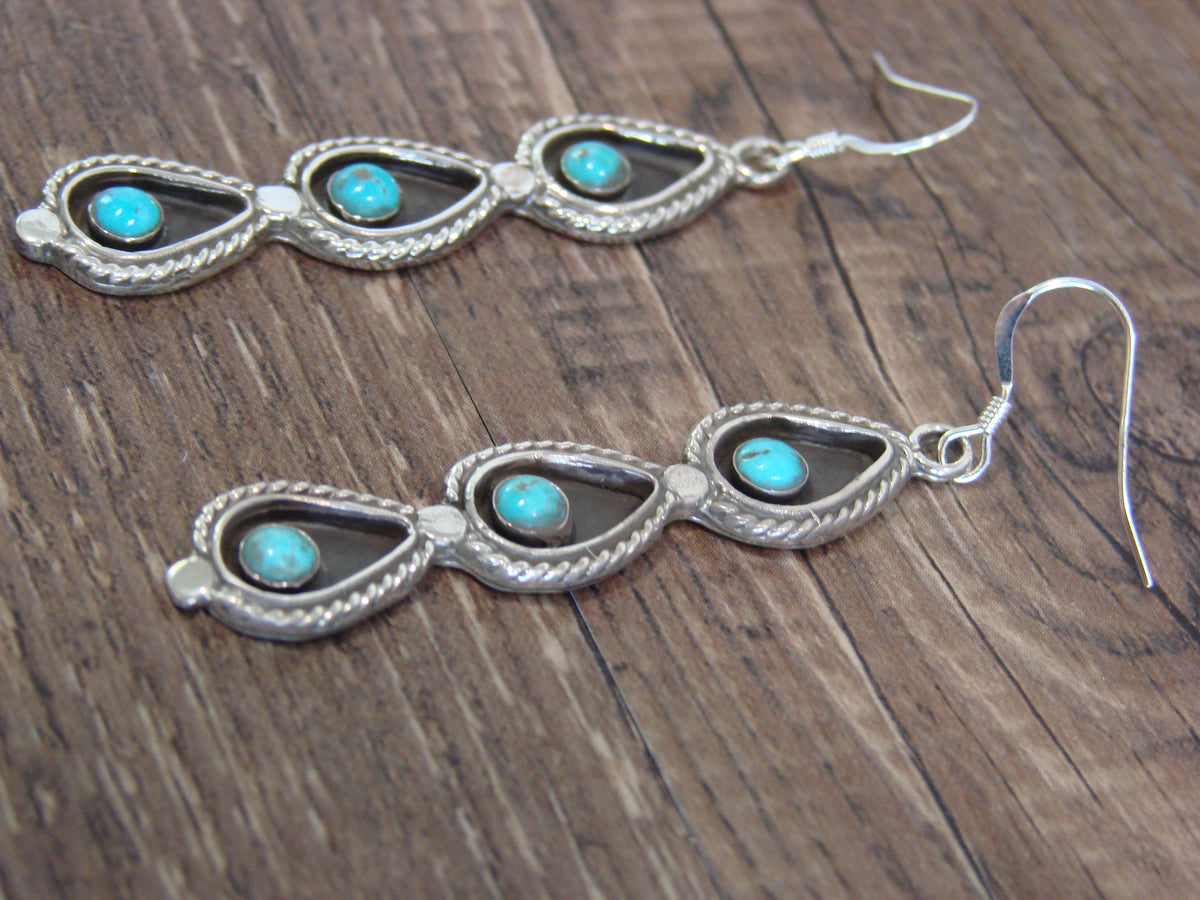 Native American Sterling Silver Shadowbox Turquoise Dangle Earrings - Yazzie