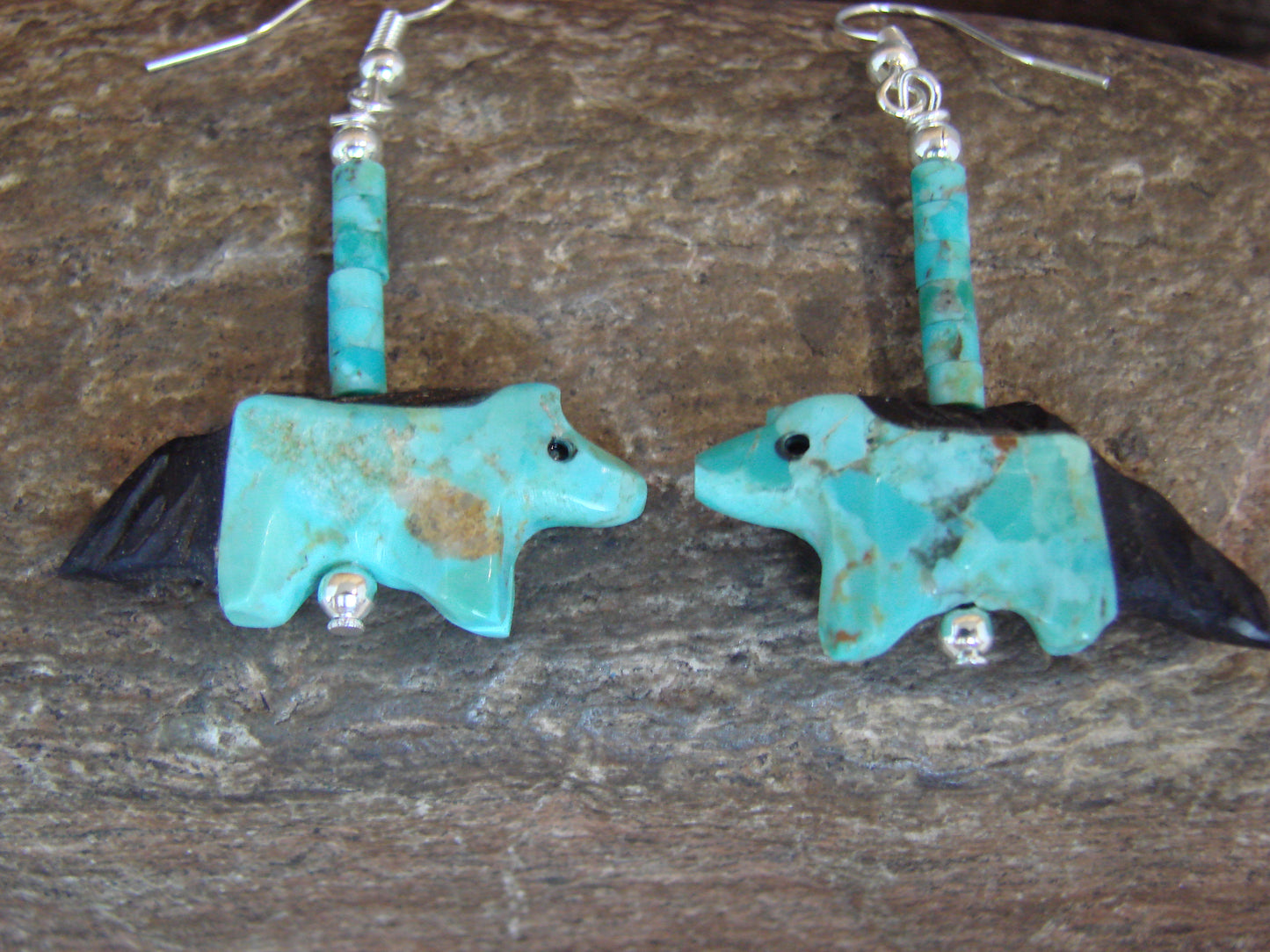 Hand Carved Turquoise Horse Fetish Dangle Earrings by Mitchell