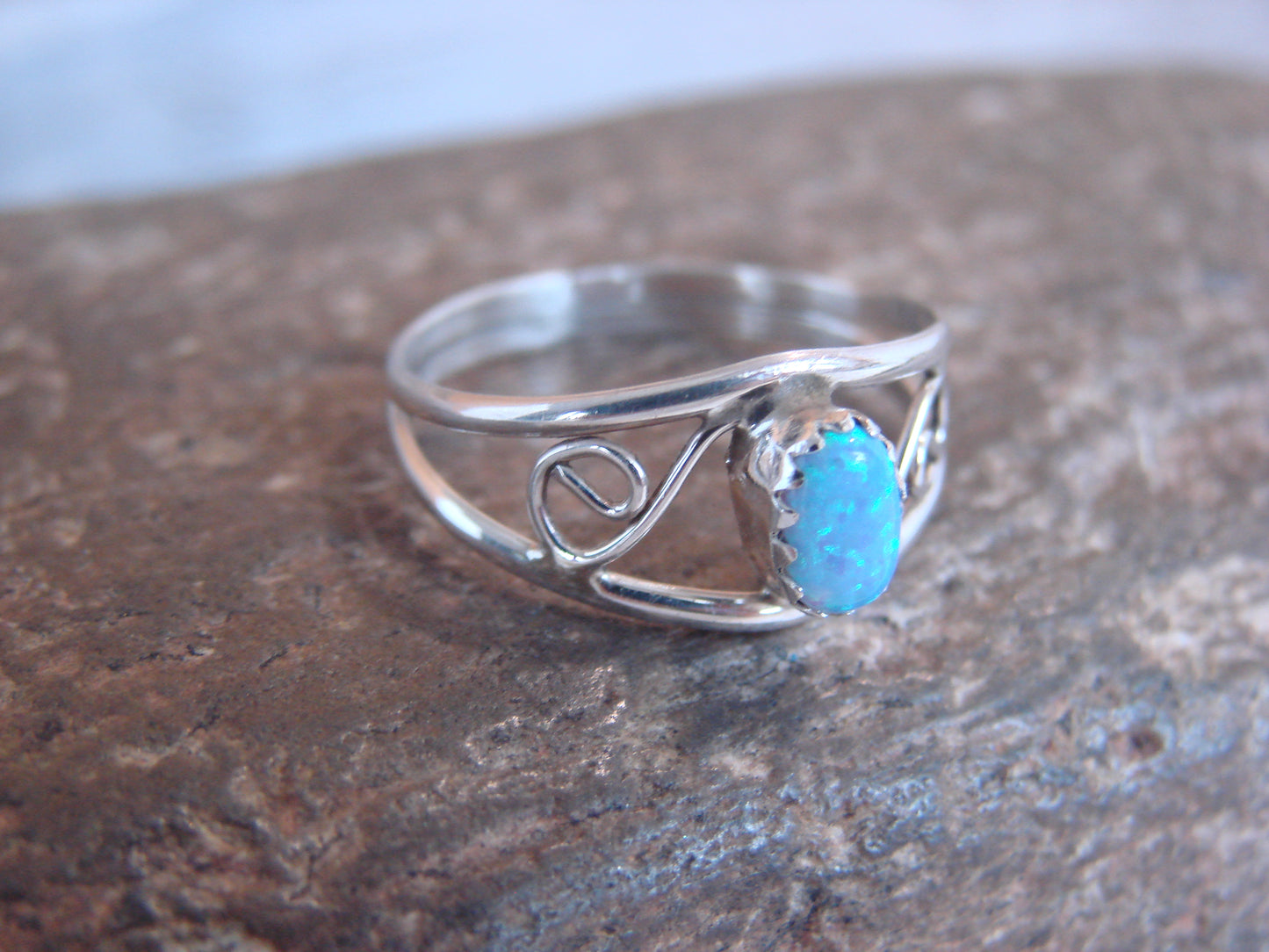 Native American Sterling Silver & Blue Opal Ring Size 7 by Lincoln