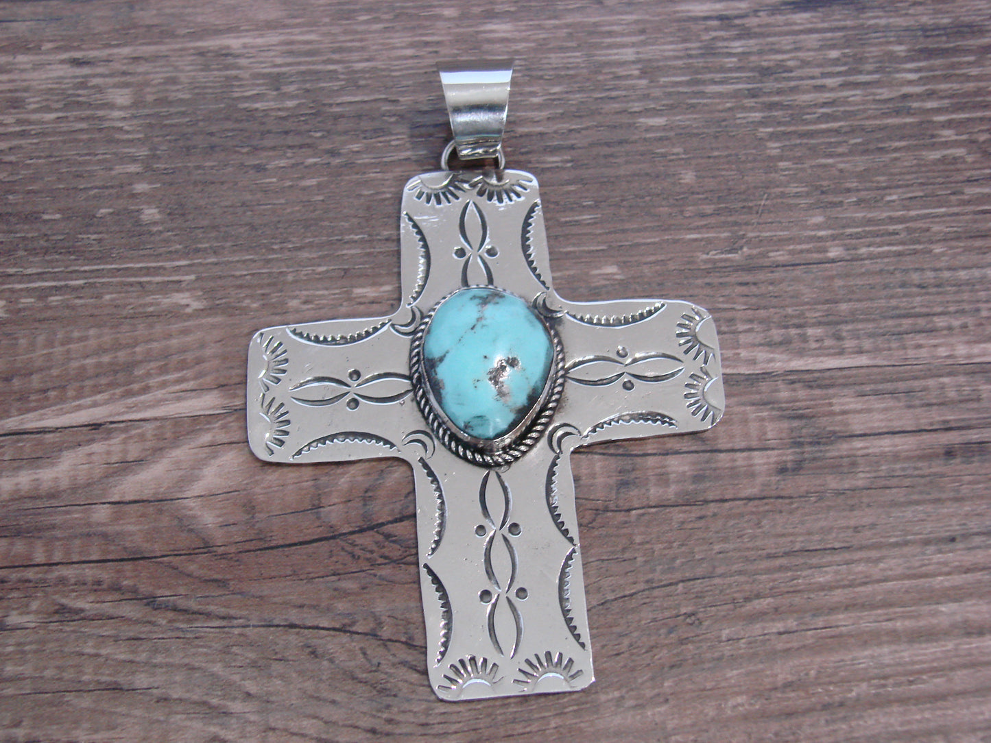 Large Native American Nickel Silver & Turquoise Cross Pendant - Cleveland