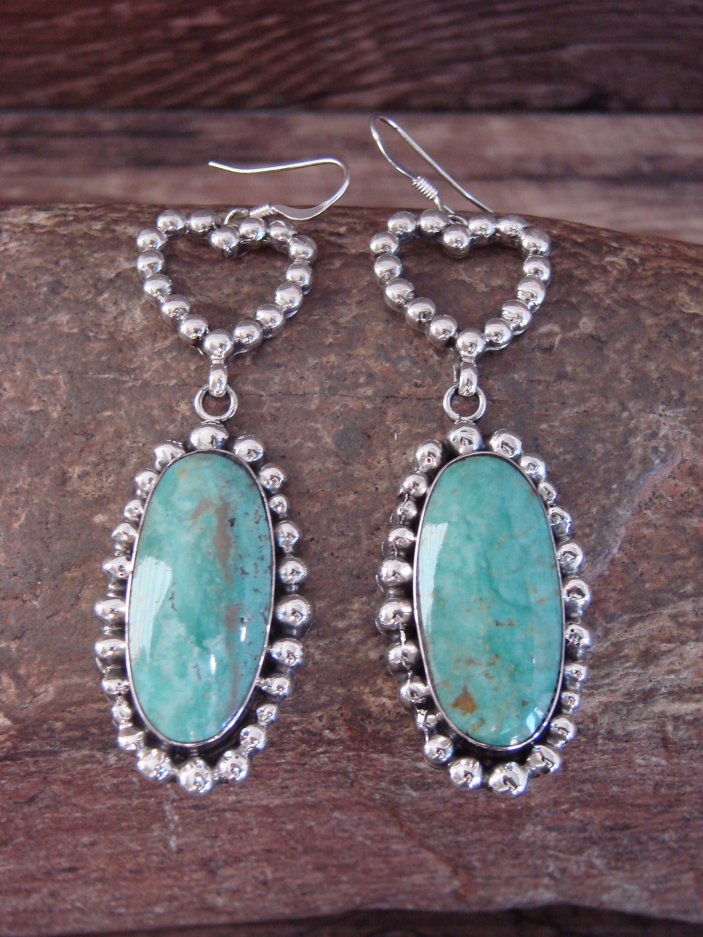 Native American Sterling Silver Turquoise Heart Dangle Earrings by Delgarito