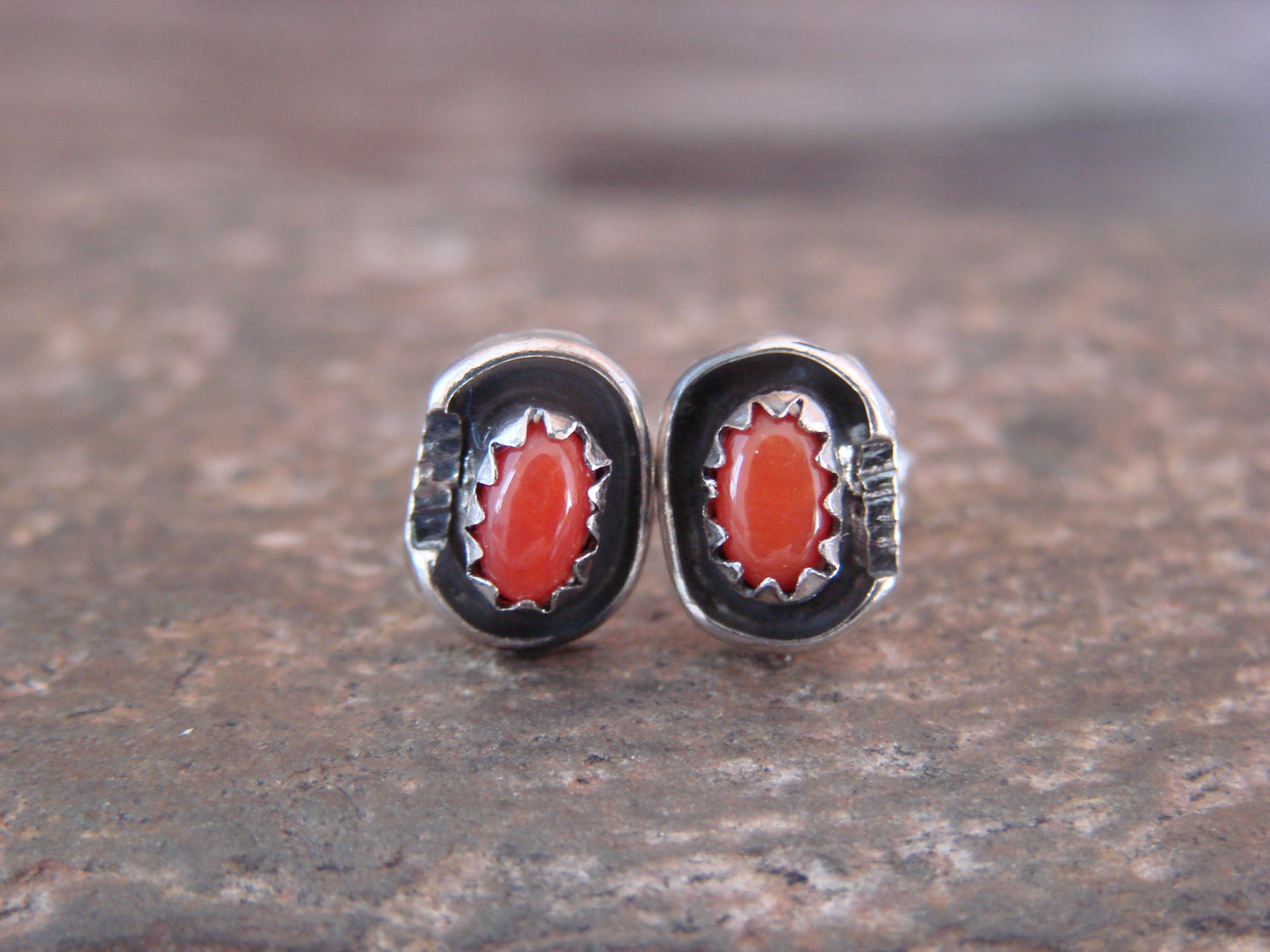 Navajo Sterling Silver Handmade Coral Post Earrings - Joe