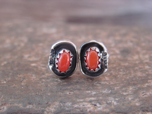 Navajo Sterling Silver Handmade Coral Post Earrings - Joe