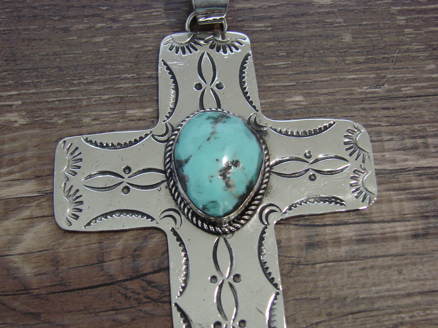 Large Native American Nickel Silver & Turquoise Cross Pendant - Cleveland