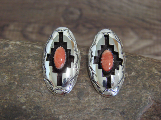 Native American Sterling Silver & Spiny Oyster Shadowbox Post Earrings - Perry