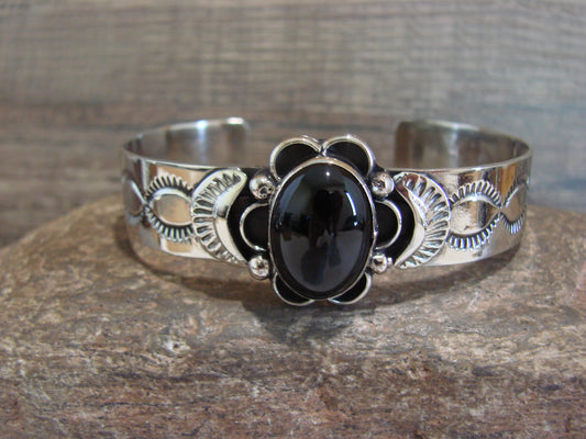 Navajo Indian Nickel Silver & Onyx Bracelet by Cleveland
