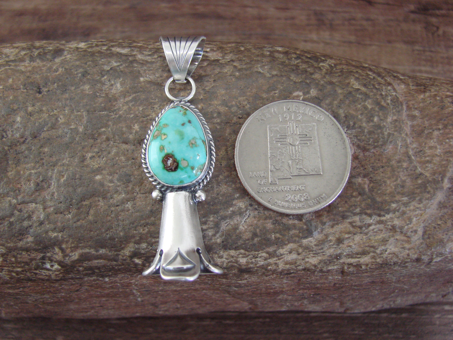 Native American Sterling Silver & Turquoise Squash Blossom Pendant by Betone