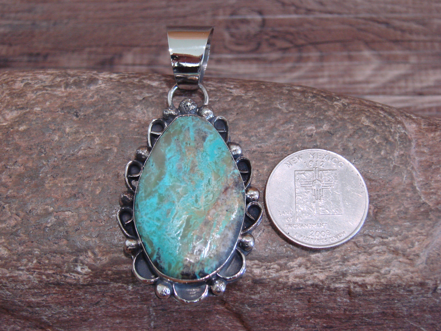 Native American Navajo Nickel Silver & Turquoise Pendant - Cleveland