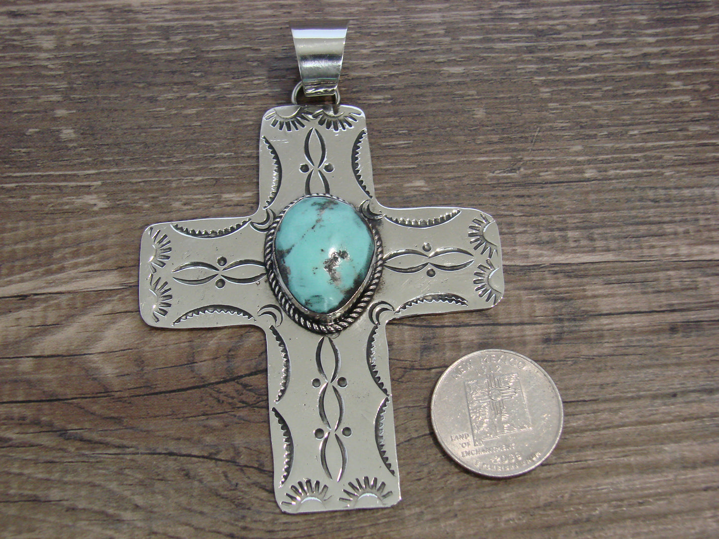 Large Native American Nickel Silver & Turquoise Cross Pendant - Cleveland