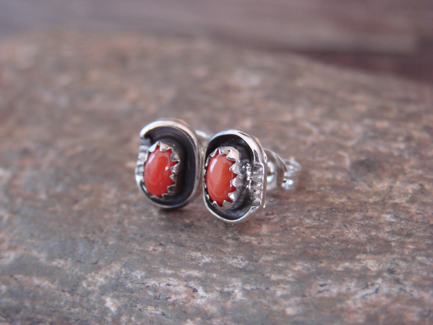 Navajo Sterling Silver Handmade Coral Post Earrings - Joe